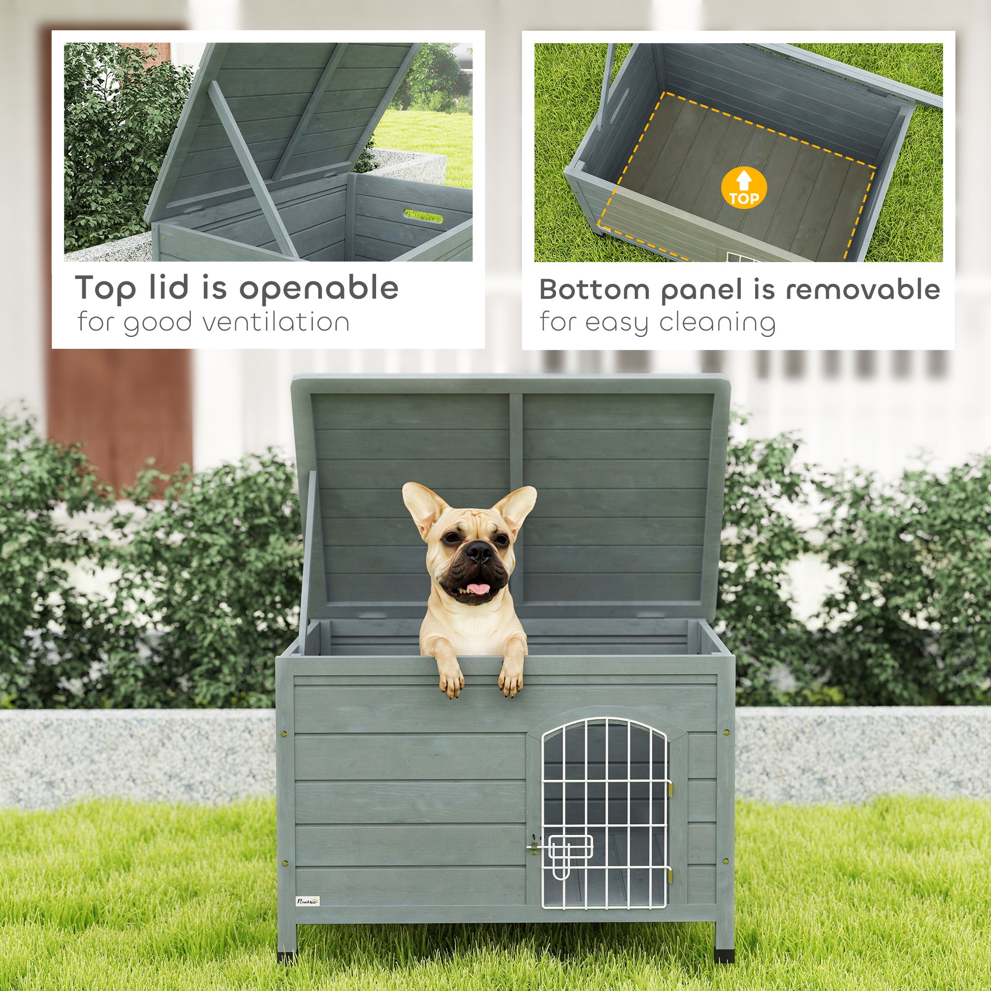 PawHut Wooden Dog House with Removable Bottom, Wire Door, Openable Top, Pet Shelter for Small Dog, 80 x 55 x 53.5cm, Dark Grey - North Peak Garden Furniture
