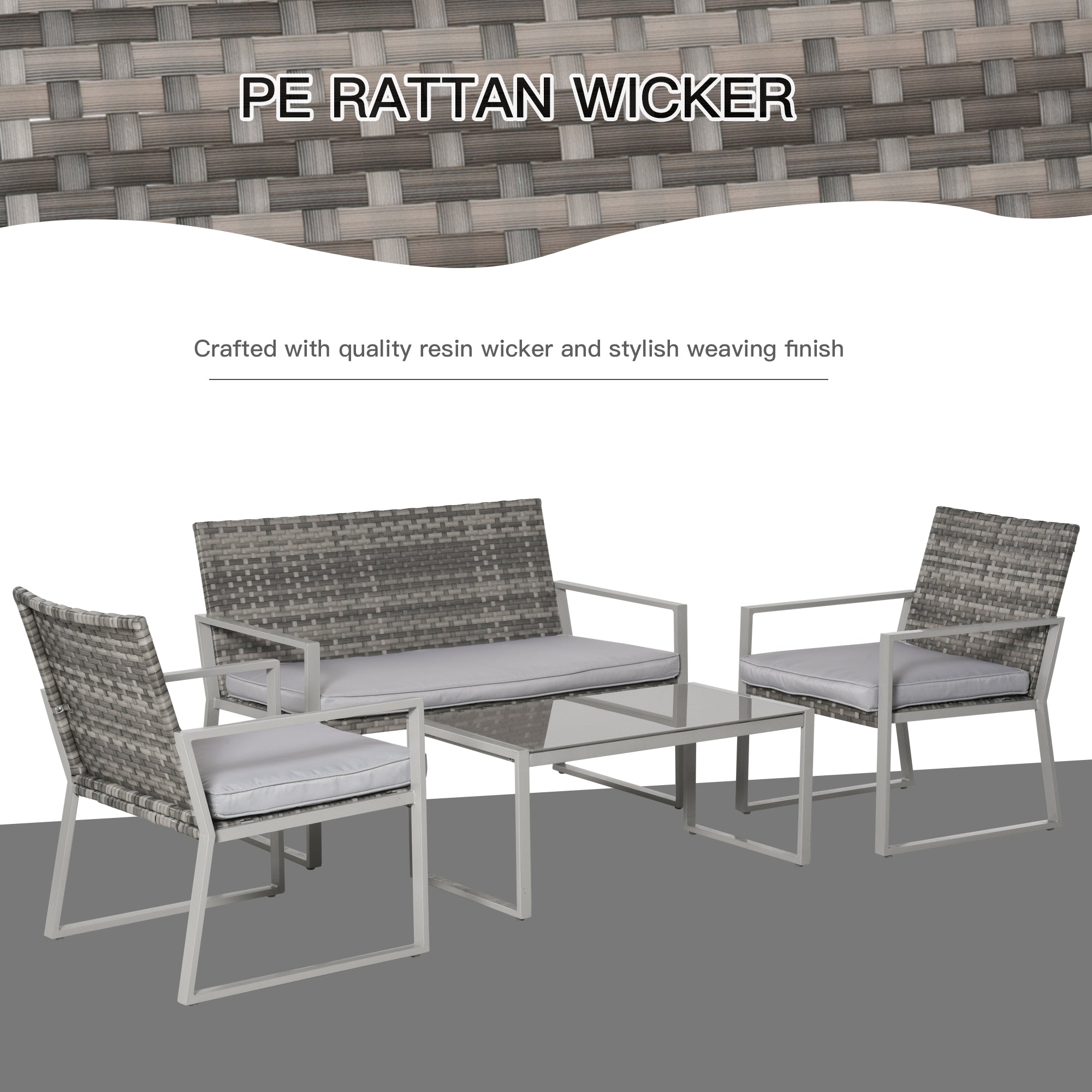 Outsunny 4PC Rattan Garden Furniture Set 2 Single Sofa Arm Chairs 1 Bench with Cushions & Coffee Table Patio Backyard Wicker Weave - North Peak Garden Furniture