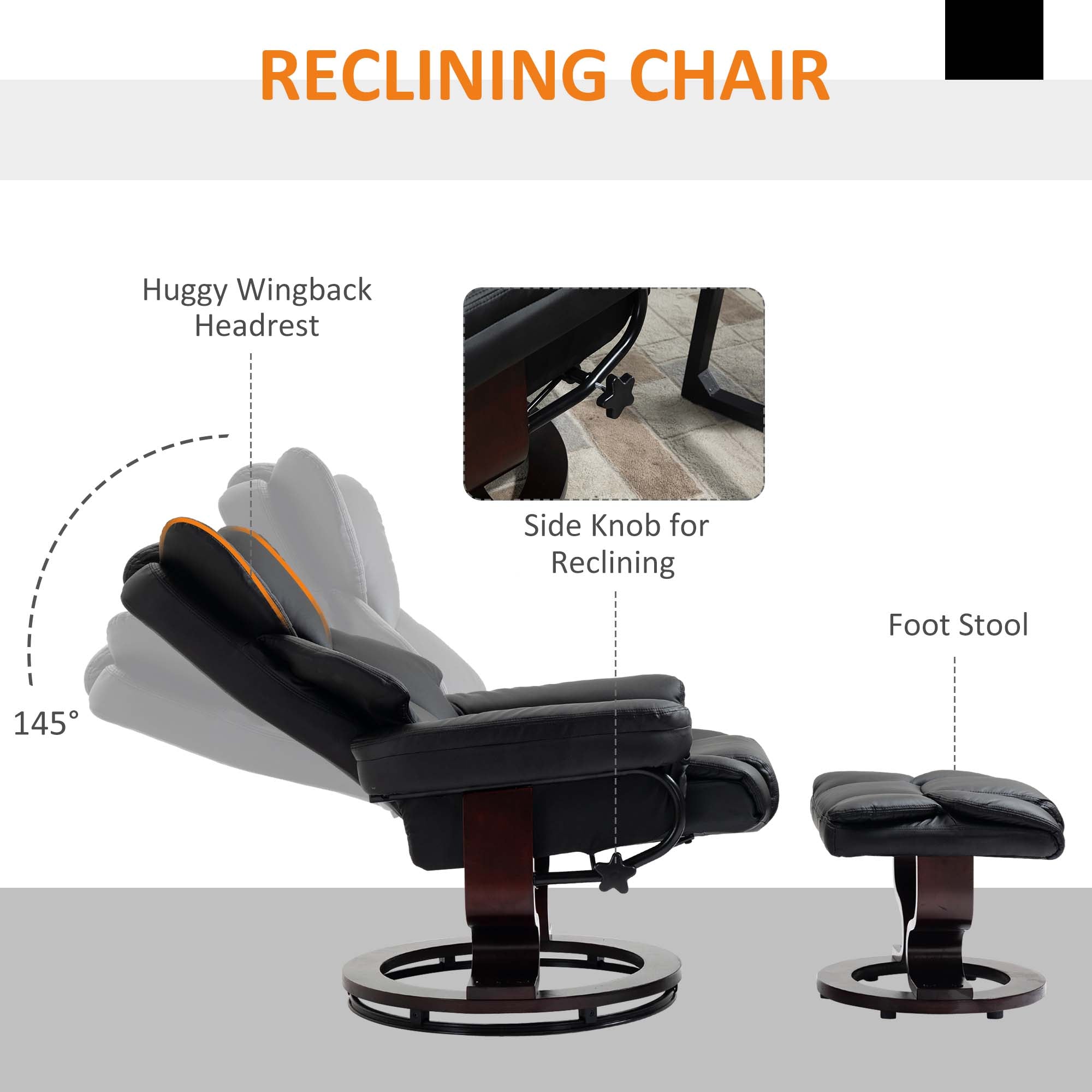 HOMCOM Faux Leather Recliner Chair and Footstool, Swivel Upholstered Armchair and Footstool with Adjustable Backrest, Solid Wood Base for Living Room, Black - North Peak Garden Furniture