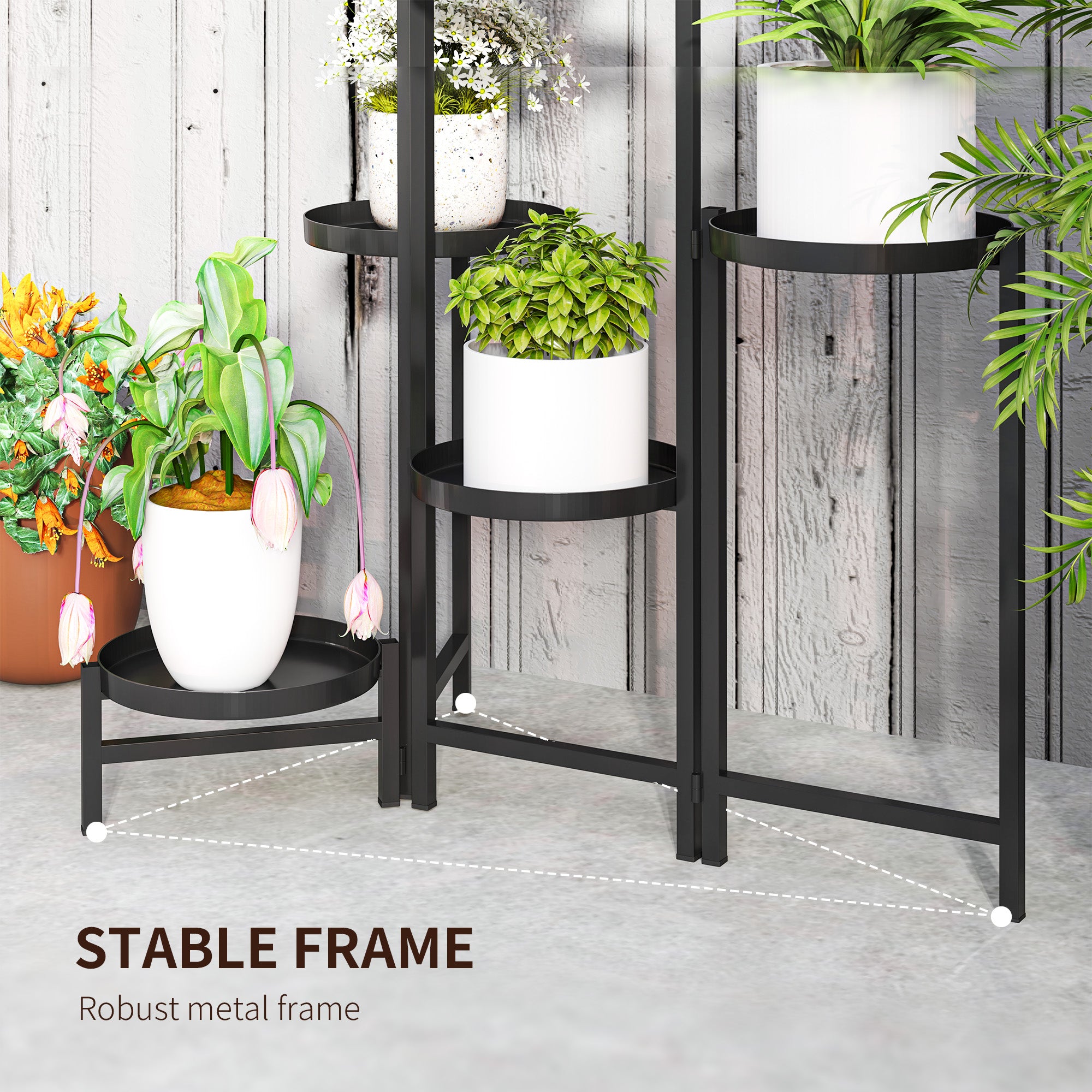 Outsunny 3 Tier Plant Stand Indoor Outdoor, Foldable Corner Plant Stands for Multiple Plants, Metal Round Flower Pot Holder for Patio Garden Balcony Living Room, Black - North Peak Garden Furniture