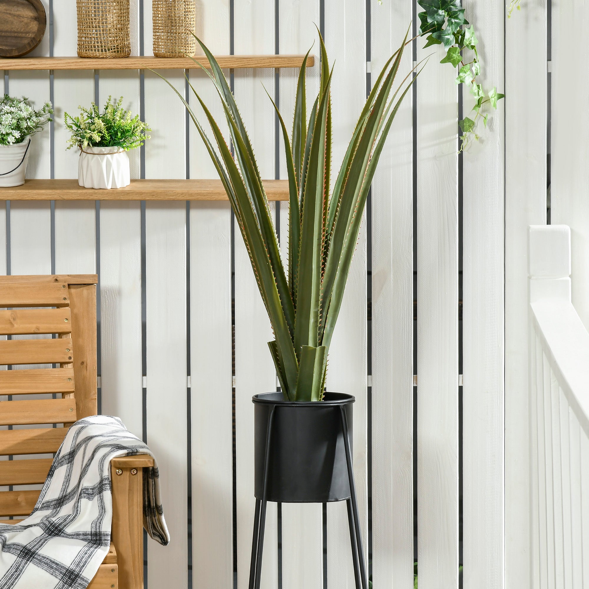 HOMCOM Artificial Plants Agave Succulent in Pot Desk Fake Plants for Home Indoor Outdoor Decor, 15x15x90cm, Green - North Peak Garden Furniture