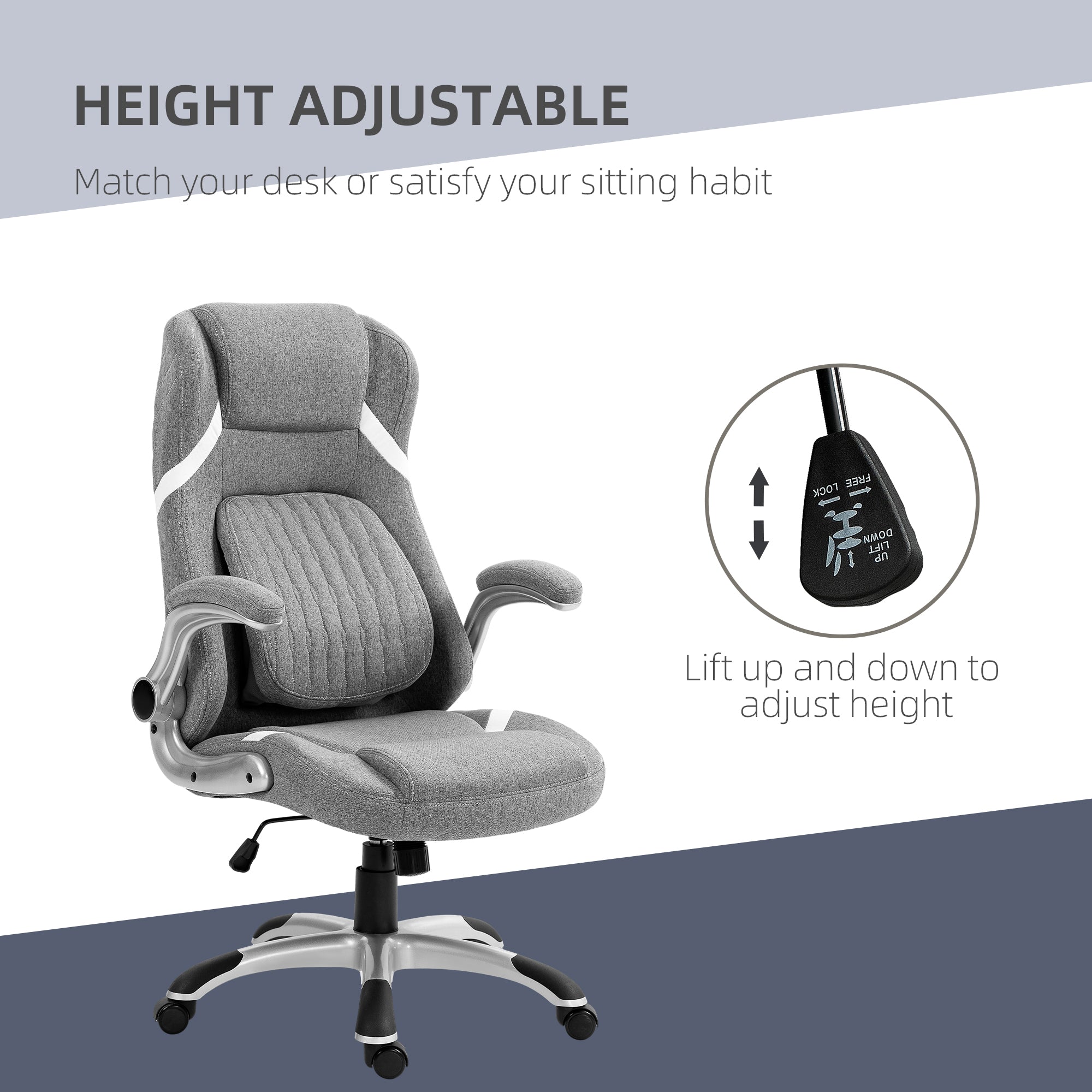 Vinsetto Linen-Look Office Chair, with Adjustable Height and Tension - Grey - North Peak Garden Furniture