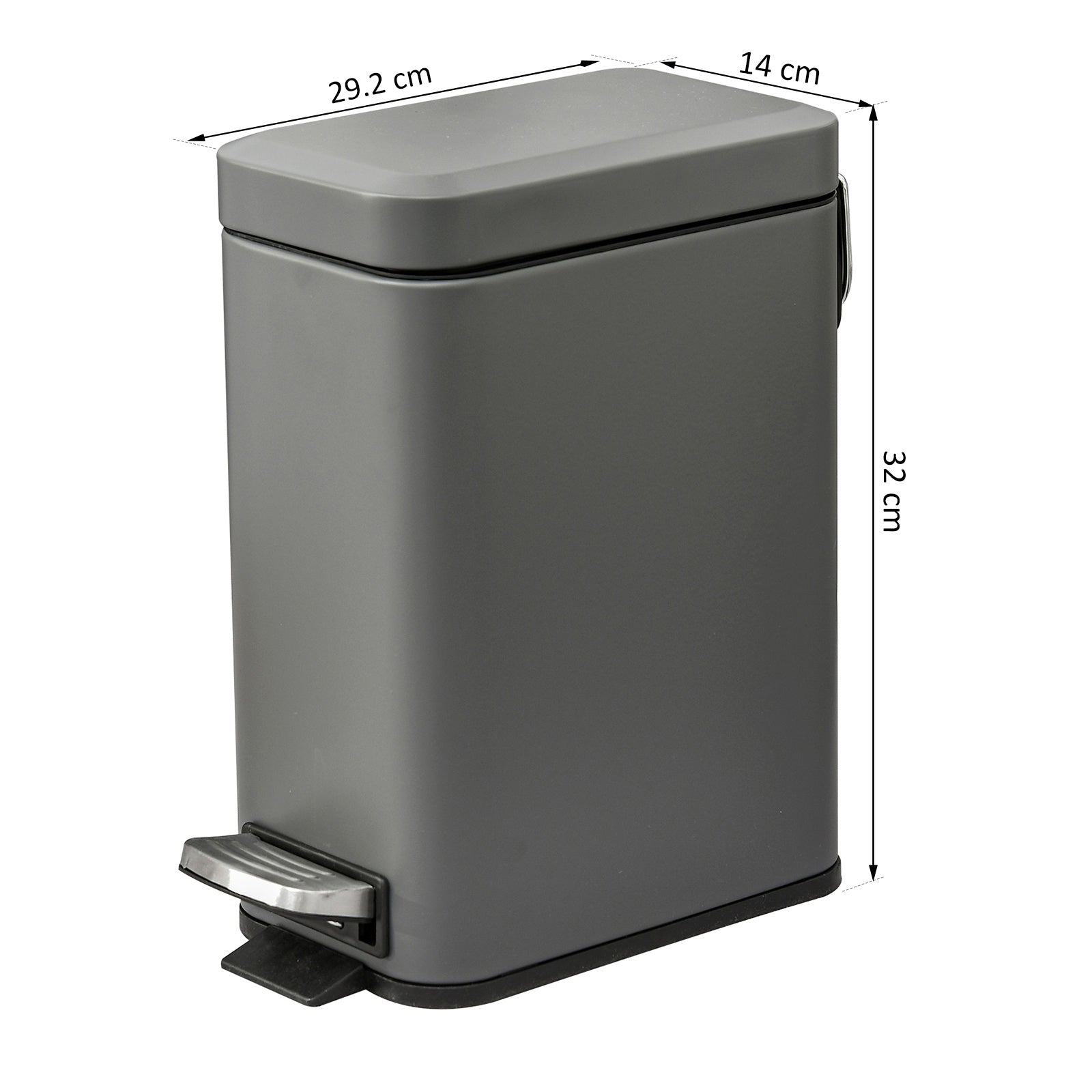 HOMCOM 5L Rectangular Compact Bin Steel Body Removable Bucket Quiet-Close Lid w/ Pedal Lid Rubbish Trash Can Home Office Bedroom Bathroom Living Room Garbage Tidy Clean Grey - North Peak Garden Furniture