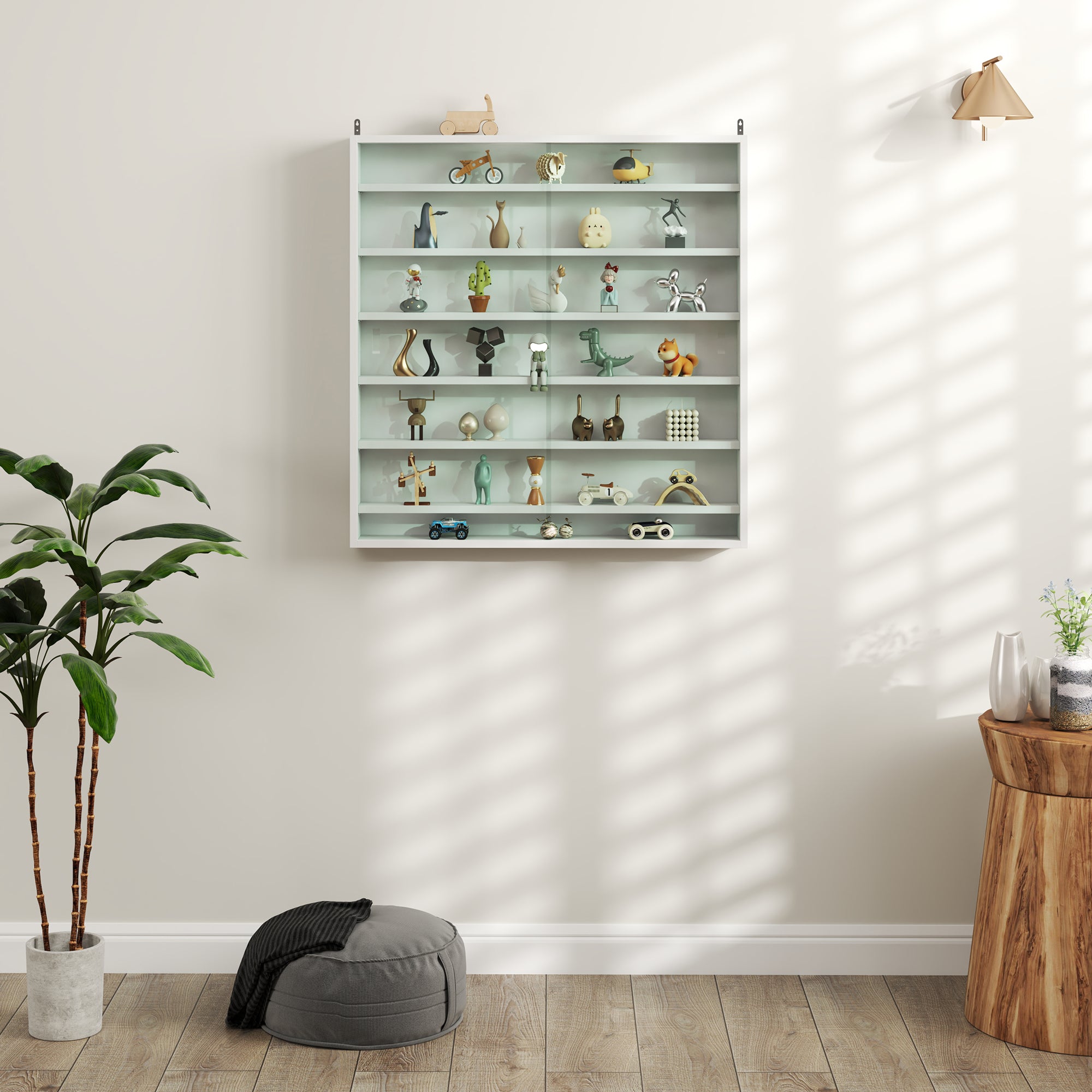 HOMCOM 7-Tier Wall Display Shelf Unit Cabinet w/ 6 Adjustable Shelves Glass Doors Home Office Ornaments 83x80cm, White - North Peak Garden Furniture