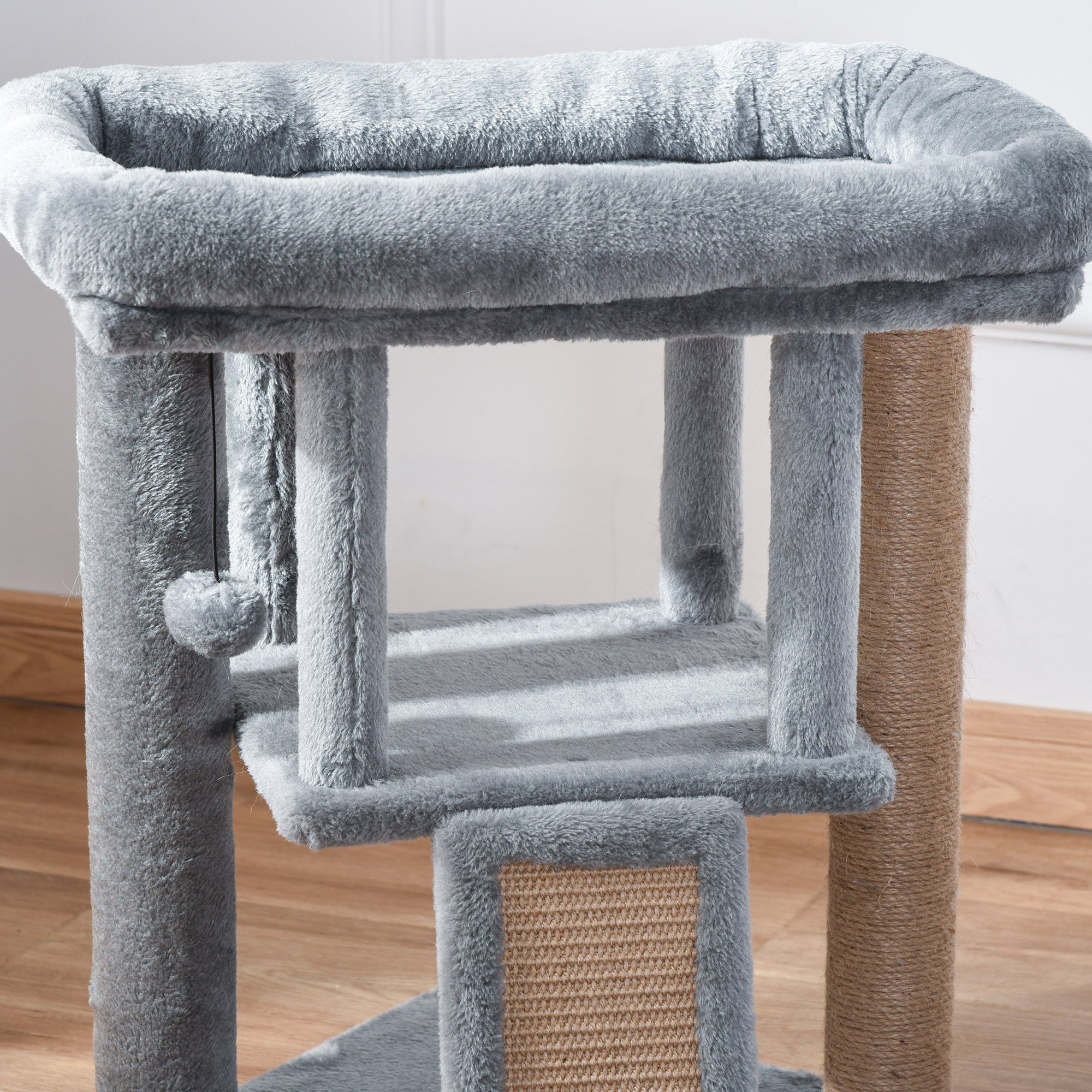 PawHut Cat Tree Tower for Indoor Cats Cat Scratching Post Climbing Activity Centre w/Jute Scratching Pad, Toy Ball, Cat House - Grey - North Peak Garden Furniture