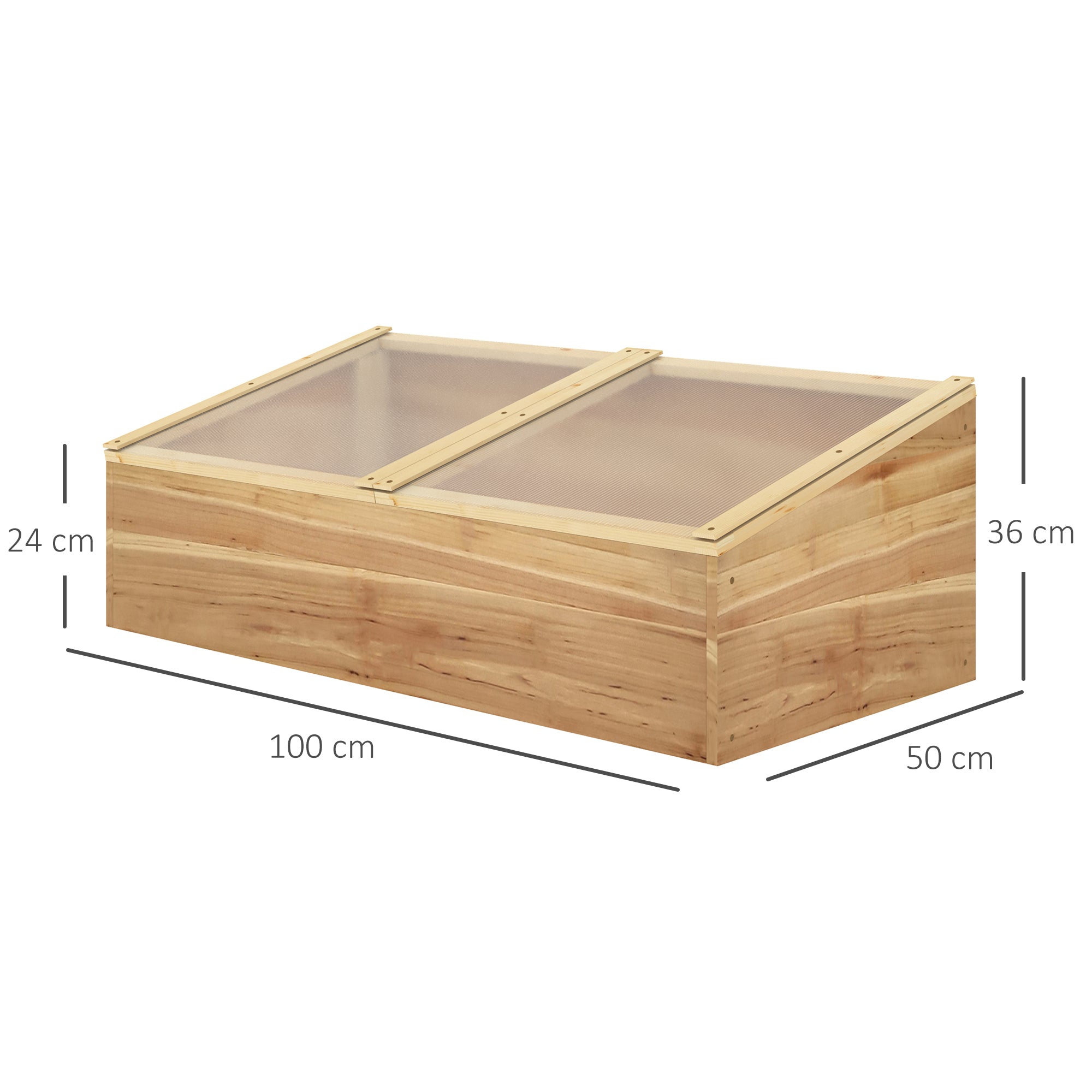 Outsunny Wooden Cold Frame Greenhouse Garden Polycarbonate Grow House with Independent Openable Top Covers for Flowers, Vegetables, Plants, 100 x 50 x 36 cm, Natural - North Peak Garden Furniture