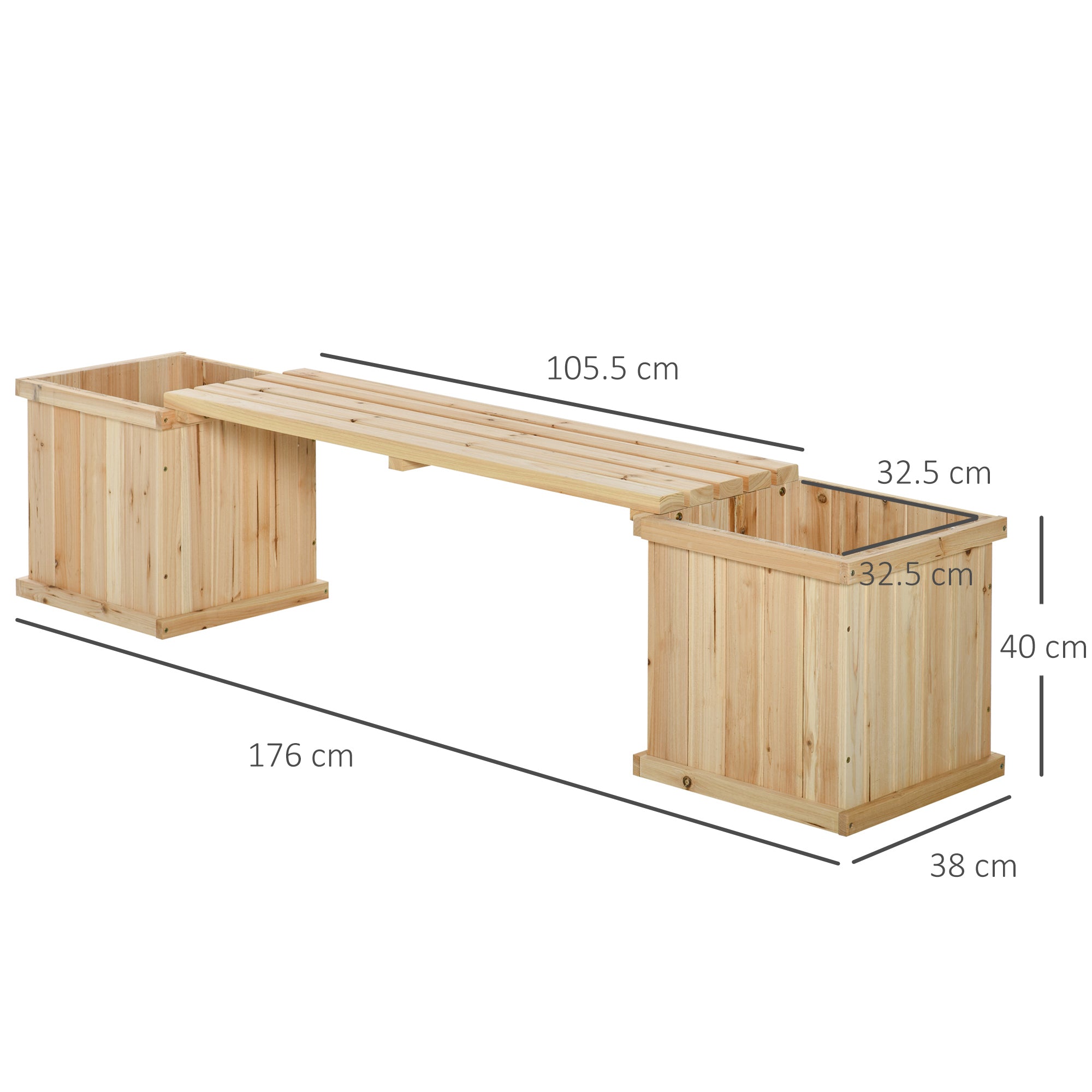 Outsunny 37L Wooden Garden Planter & Bench Combination Garden Raised Bed Patio Park Natural 176 x 38 x 40 cm