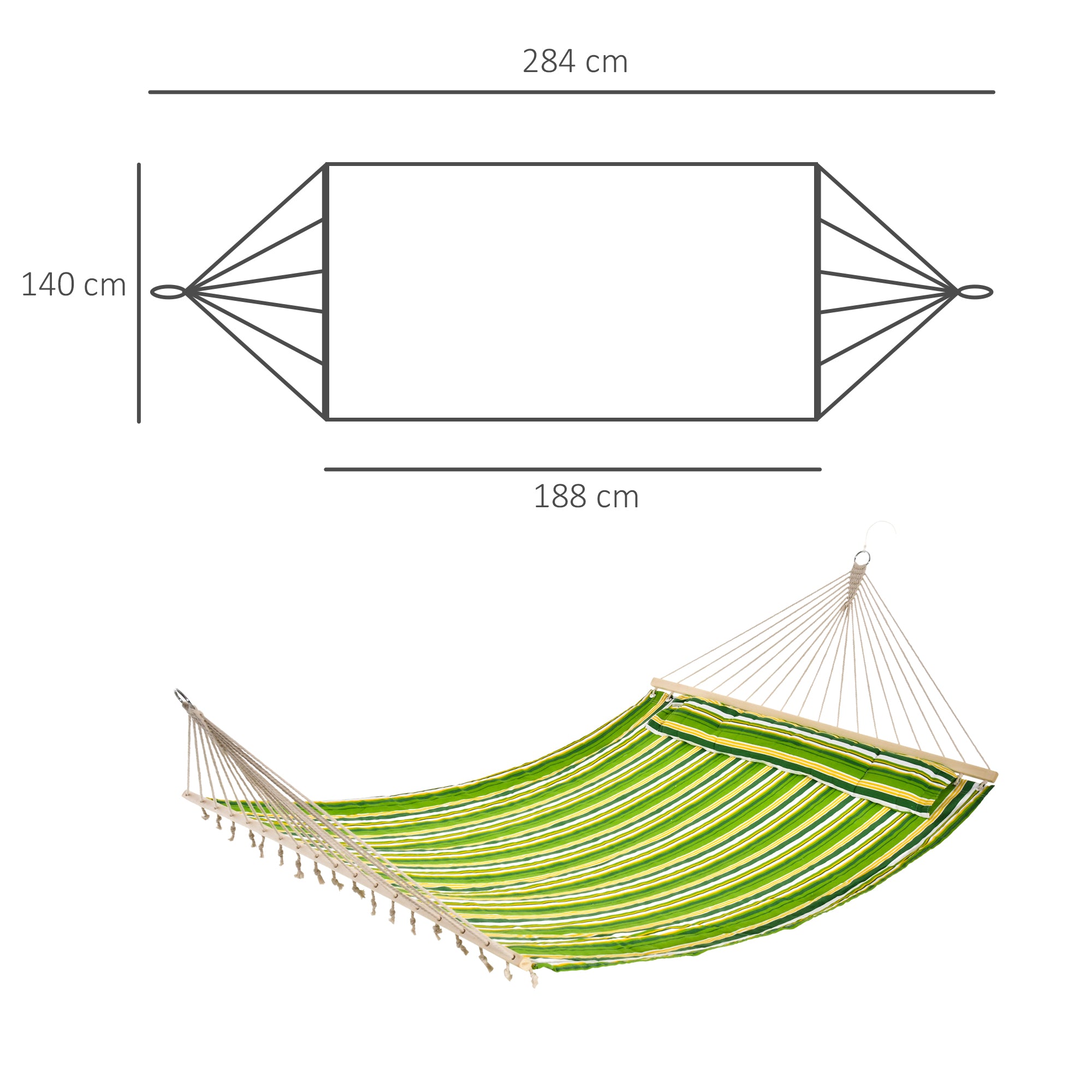 Outsunny Double Cotton Hammock Camping Swing Outdoor Garden Beach Stripe Hanging Bed with Pillow 188L x 140W cm, Green - North Peak Garden Furniture
