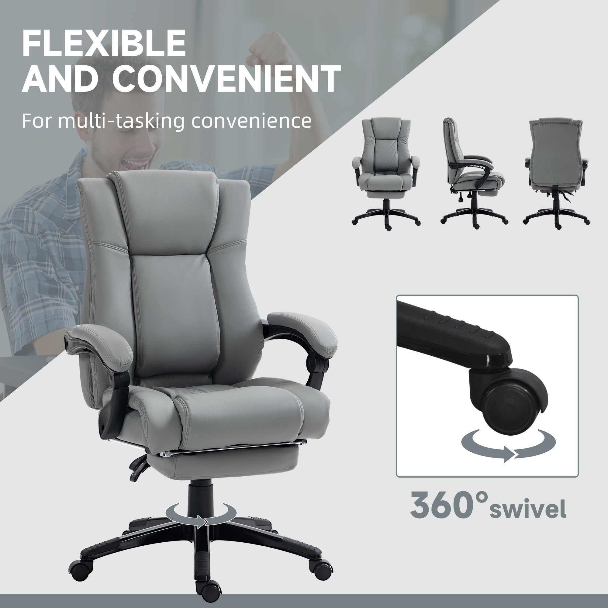 Vinsetto PU Leather Office Chair, Swivel Computer Chair with Footrest, Wheels, Adjustable Height, Grey - North Peak Garden Furniture