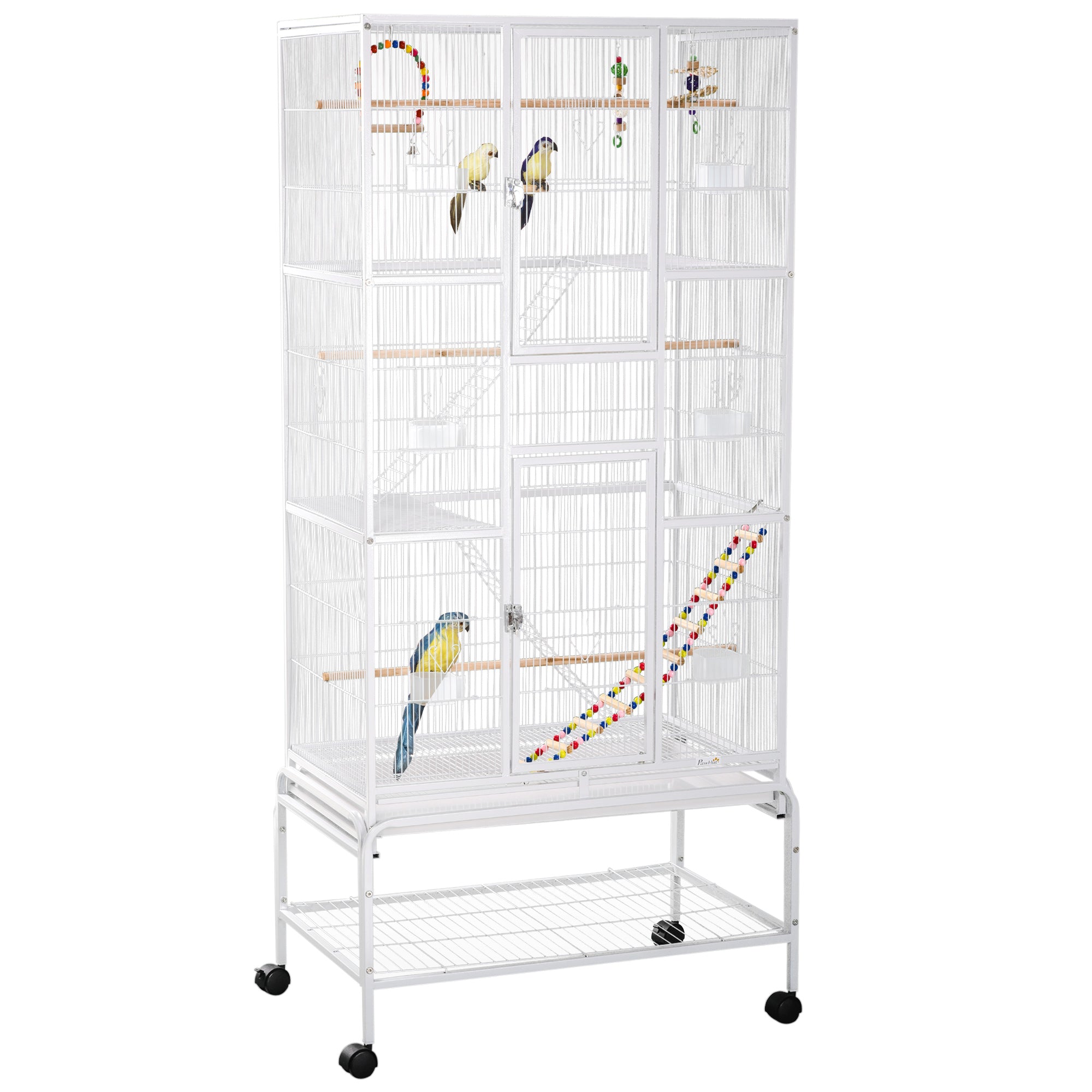 PawHut Large Bird Cage Budgie Cage 3 Tier Aviary with Stand Wheels, Toys, Ladders, Shelf for Canaries, Finches, Cockatiels, Parakeets - White - North Peak Garden Furniture