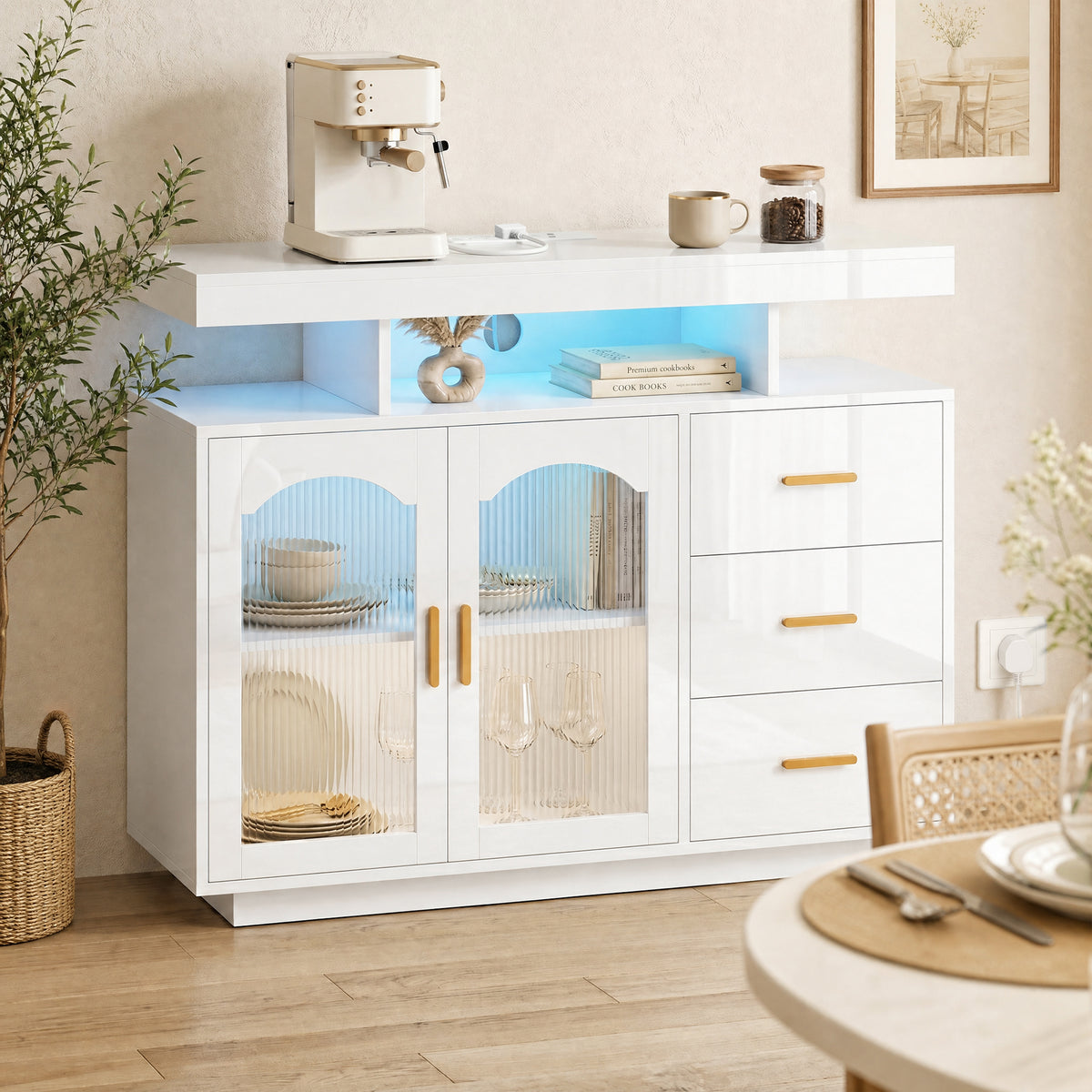 HOMCOM High Gloss Sideboard with LED Lights, Built-in Power Outlets, 3 Drawers, Shelves and 2 Acrylic Doors, White