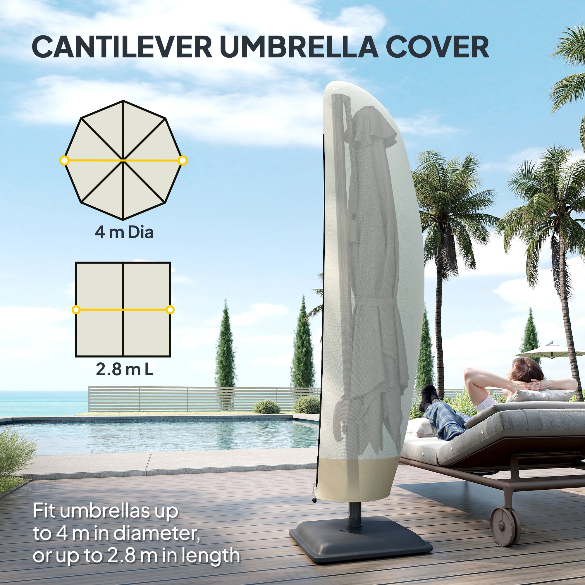 Outsunny Deluxe Large Garden Waterproof Parasol Cover Outdoor Furniture Patio Market Banana Umbrella Cantilever Protector Rain Dust Protective w/Zip (Φ56 x 220H (cm))