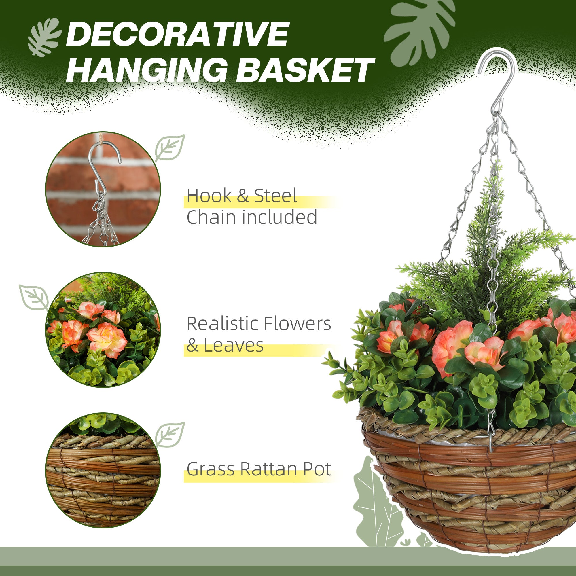 Outsunny Pack of 2 Faux Plant Artificial Lisianthus Flowers Hanging Planter with Basket for Indoor Outdoor Decoration, Orange - North Peak Garden Furniture