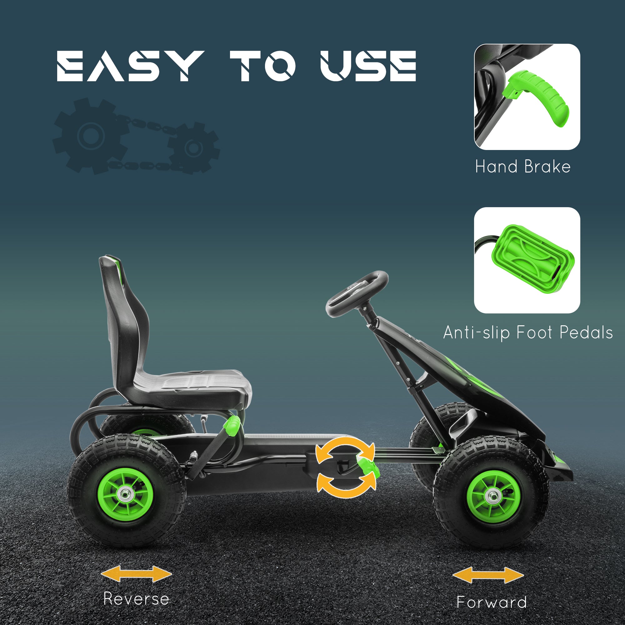 HOMCOM Kids Pedal Go Kart, with Adjustable Seat, Inflatable Tyres - Green - North Peak Garden Furniture