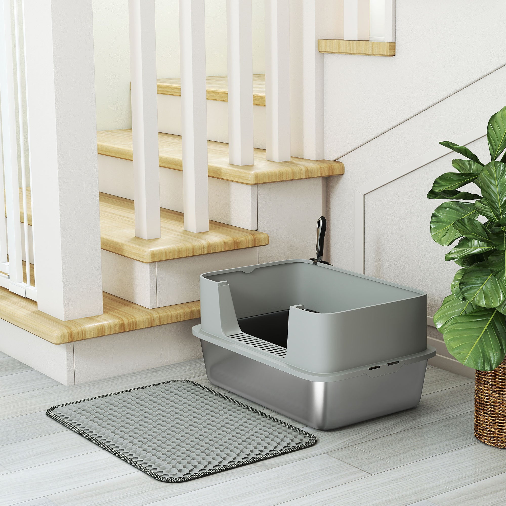 PawHut High Sided Stainless Steel Litter Box, Metal Cat Litter Tray with Metal Scoop, Litter Mat, Never Absorbs Odors, Grey