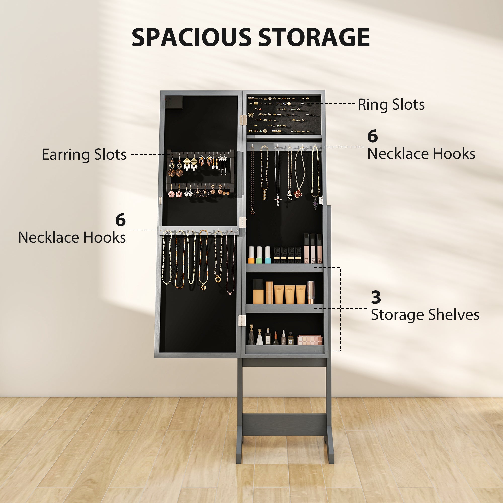 HOMCOM Free Standing Mirror Jewelry Cabinet with LED Lights, Jewellery Organiser with 3 Angle Adjustable, Full-Length Mirror with Storage for Earrings, Necklaces, Rings and Lipsticks, Grey