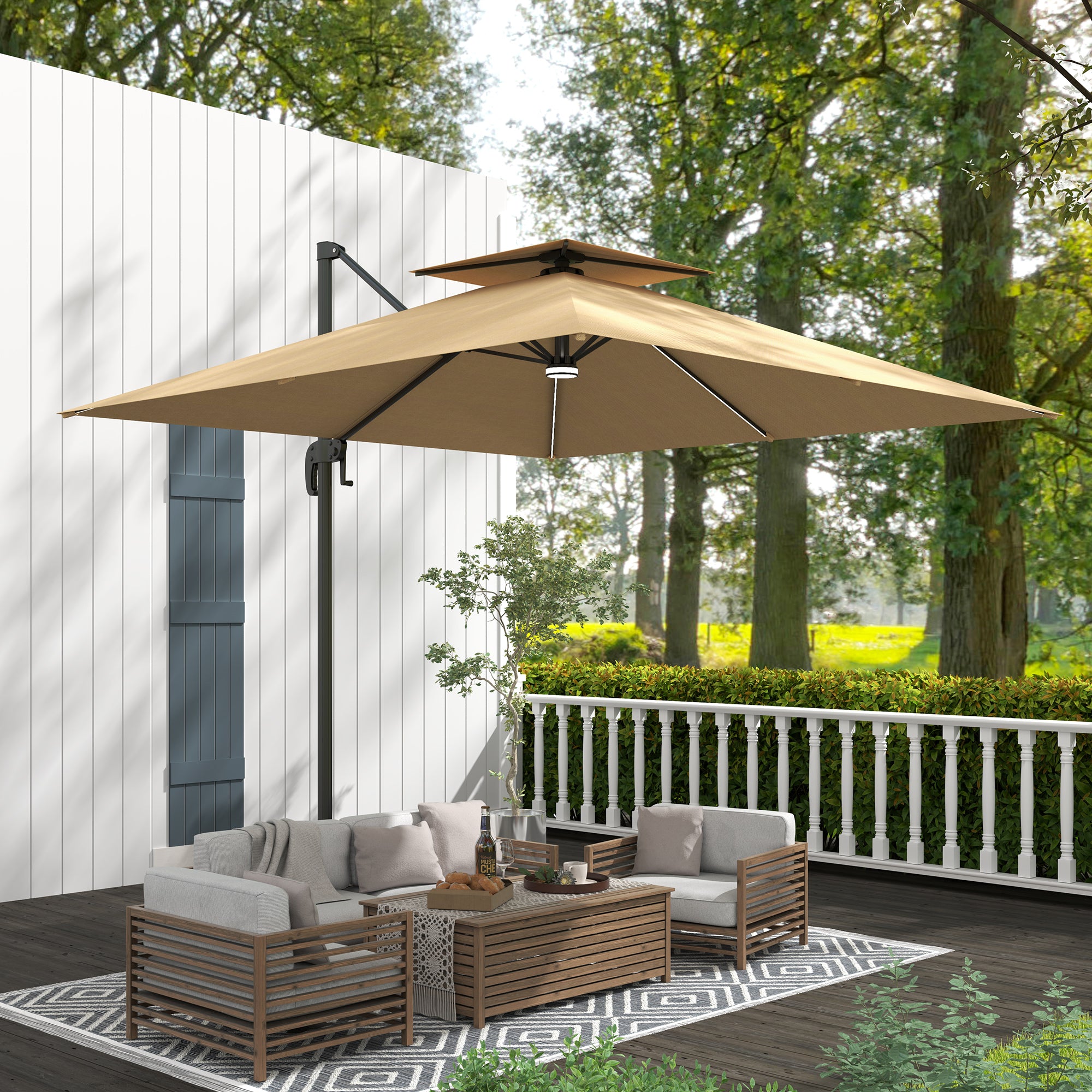 Outsunny 2.5m Cantilever Parasol with Solar Powered LED Lights, 360° Rotation, Tilt Adjustment, Crank Handle, Khaki - North Peak Garden Furniture