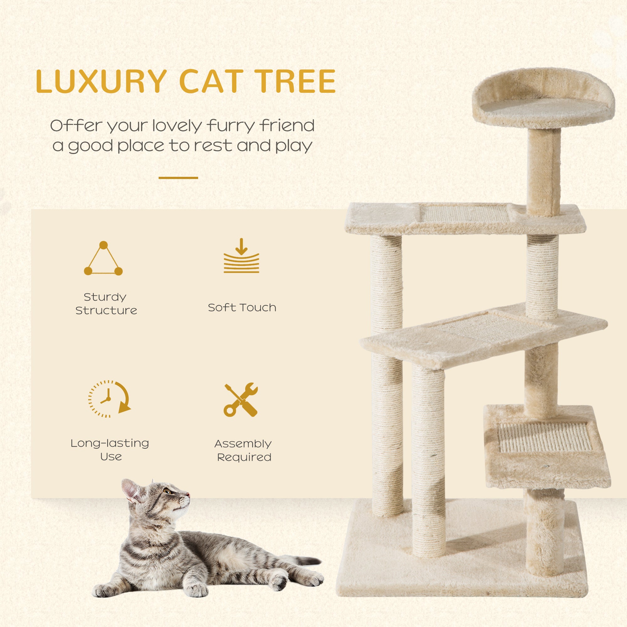 PawHut 100 cm Cat Tree for Indoor Cats Kitten Scratch Scratching Post Climbing Tower Activity Centre Beige - North Peak Garden Furniture