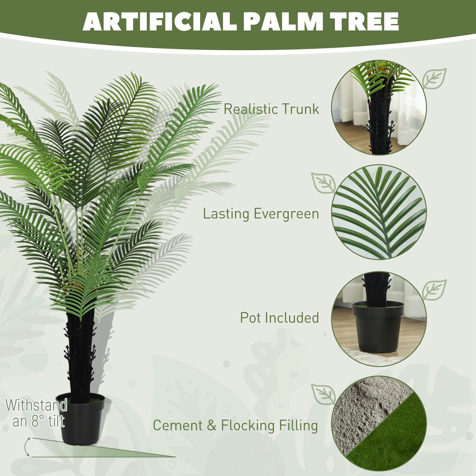 HOMCOM 175cm Artificial Areca Palm Tree with 16 PE Leaves, Decorative Artificial Plant with Plastic Pot and Flocked Soil, Fake Plant for Home Office Decor, Green