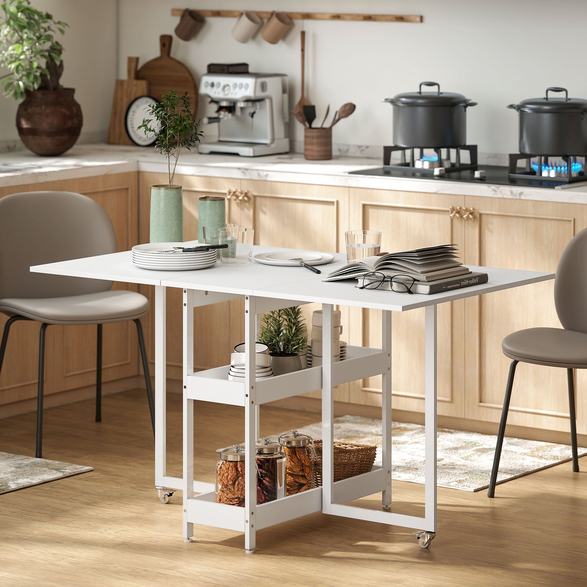 HOMCOM Industrial Folding Dining Table, Drop Leaf Table with Open Compartments for Small Spaces, Kitchen, Dining Room, White - North Peak Garden Furniture