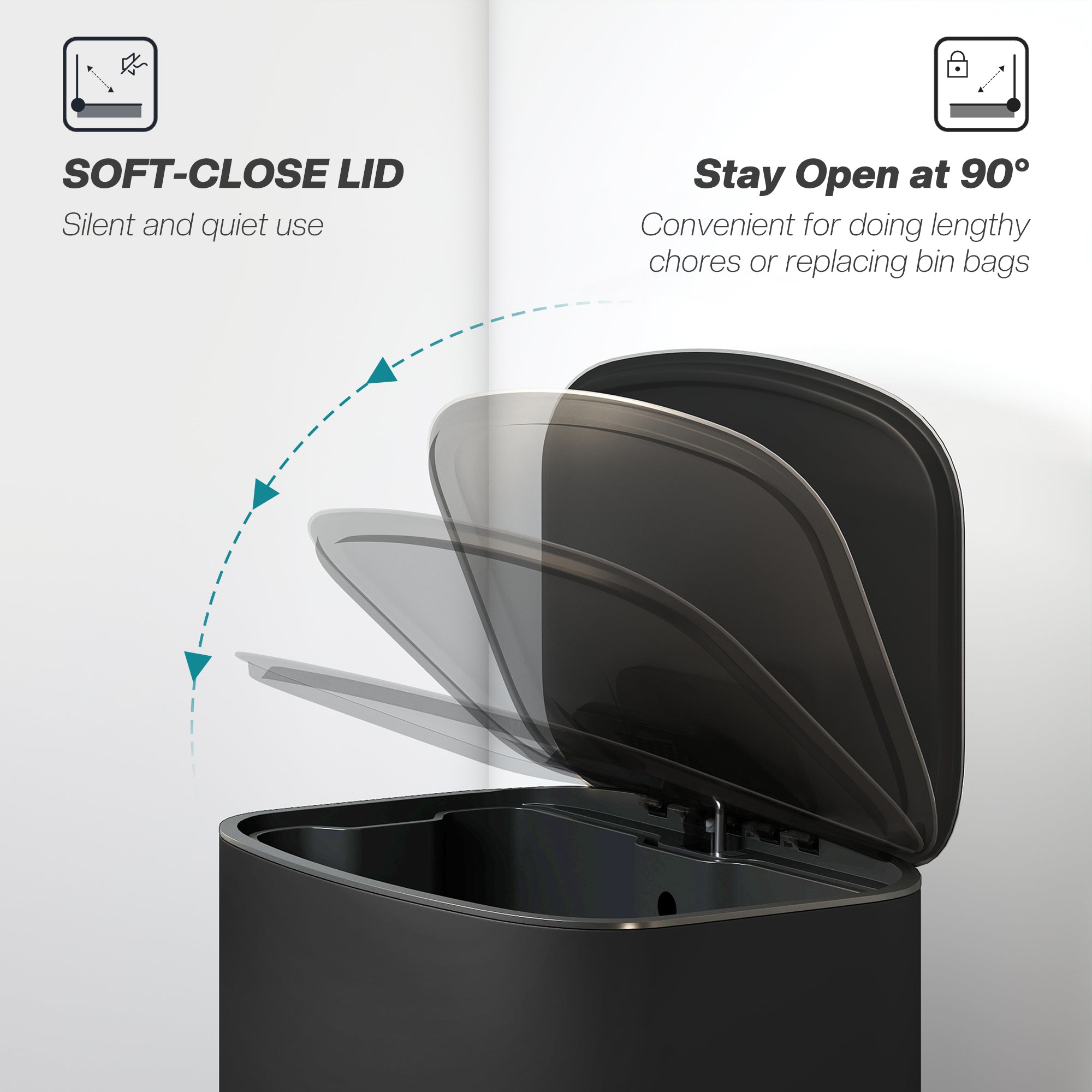 HOMCOM 50L Kitchen Bin with Soft-Close Lid and Stay-Open Function, Stainless Steel Pedal Bin with Removable Inner Bucket, Carry Handle for Kitchen, Office, Home, Black