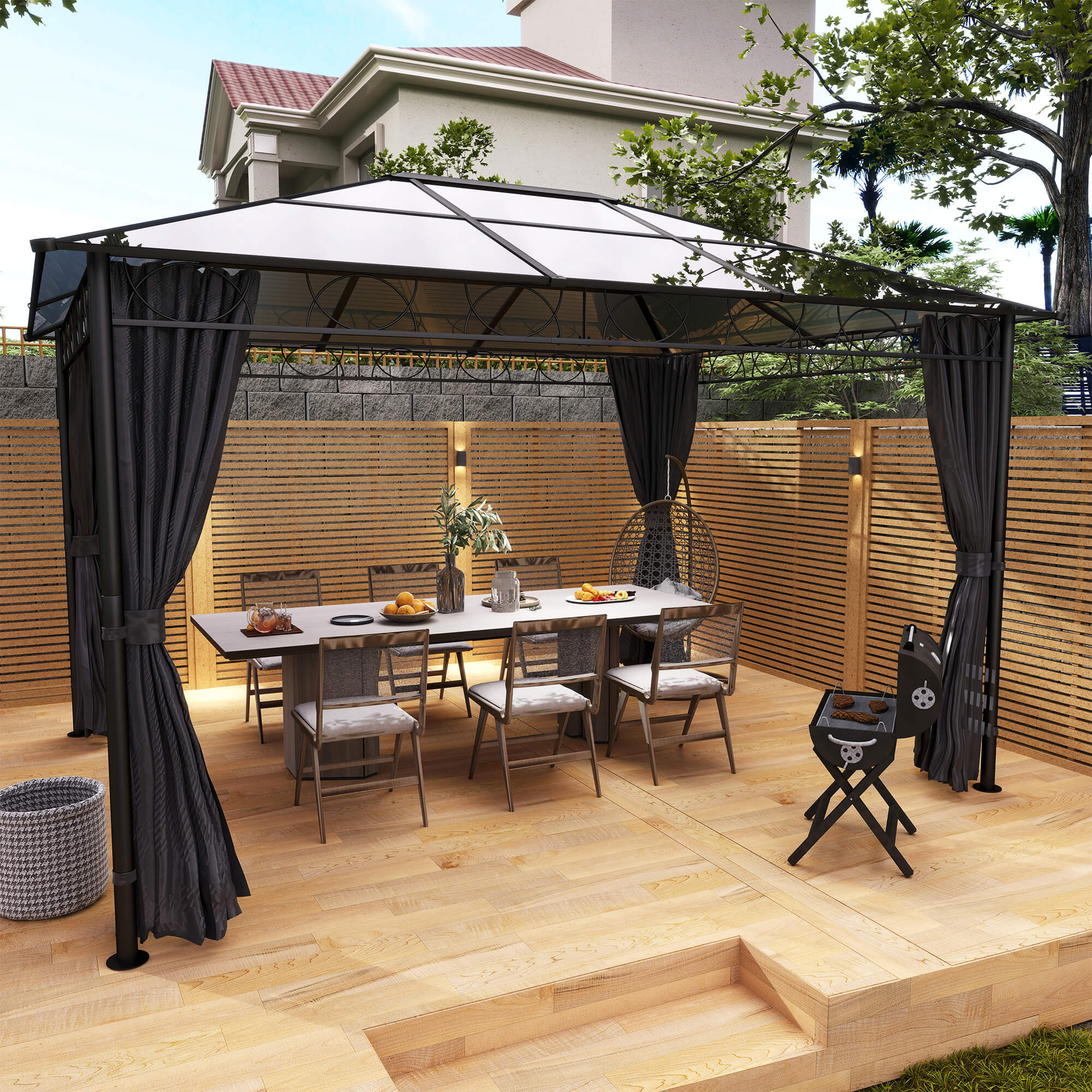 Outsunny 3 x 3.6m Hardtop Gazebo Canopy with Polycarbonate Roof, Permanent Pavilion Garden Gazebo with Curtains for Patio, Deck, Grey - North Peak Garden Furniture