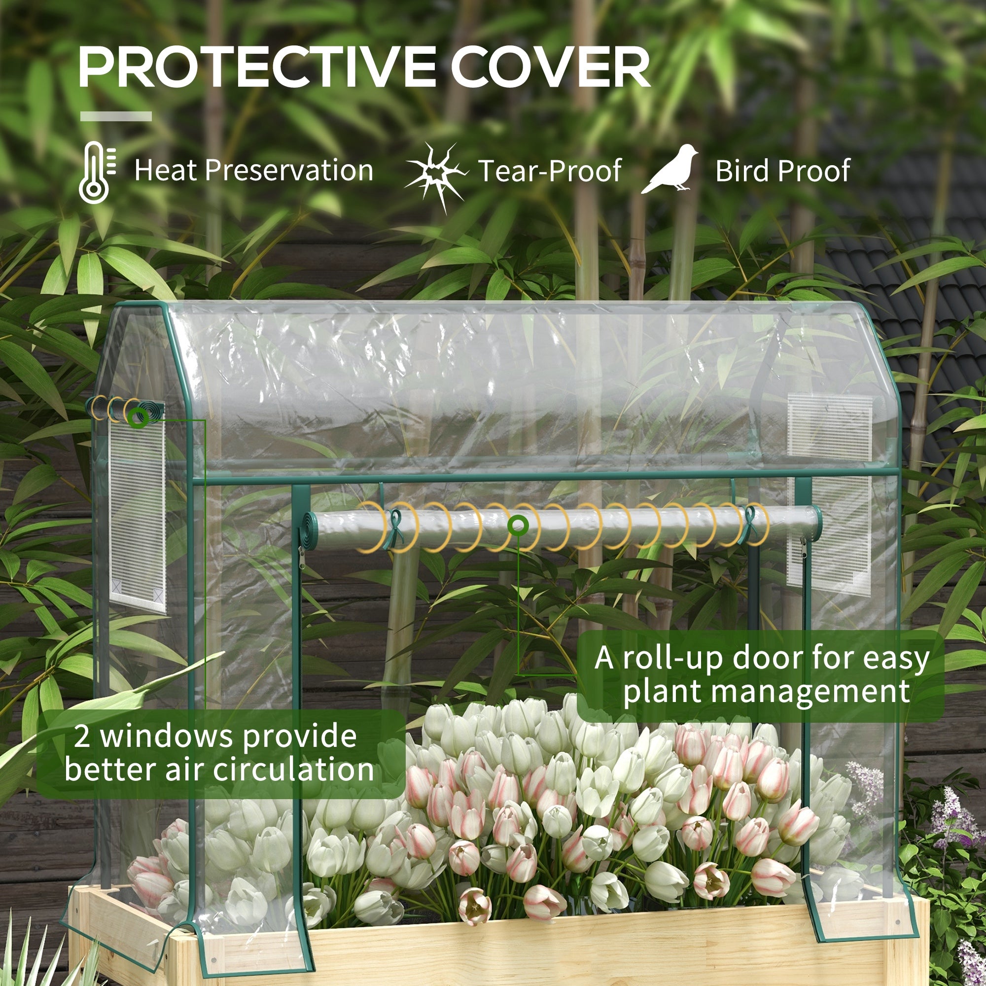 Outsunny Wooden Planter Box with Greenhouse Cover and Bed Liner, Raised Garden Bed for Vegetables, Flowers, Herbs - North Peak Garden Furniture