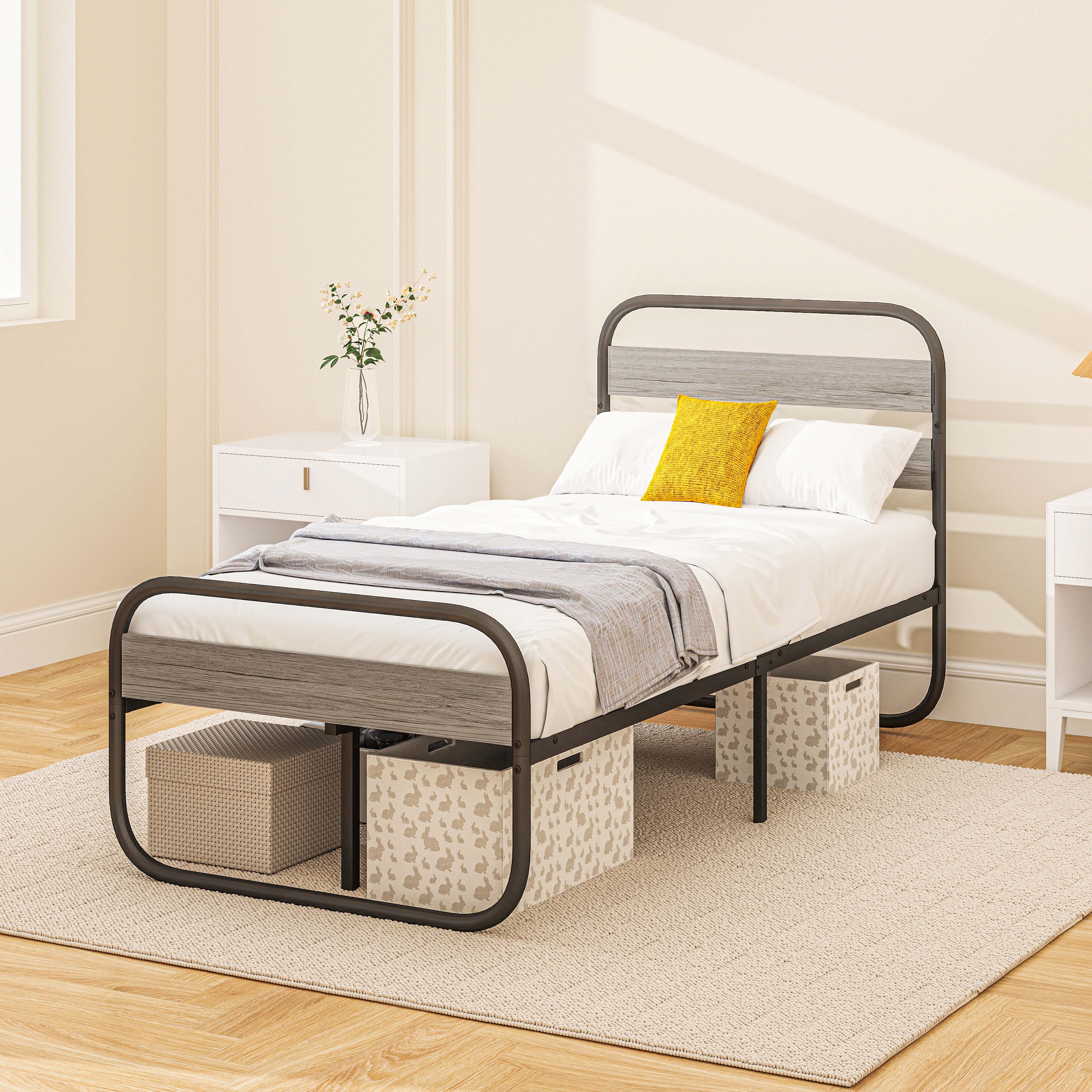 HOMCOM 3ft Single Bed Frame, Industrial Style Metal Platform Bed Frame with Under Bed Storage, No Box Spring Needed, Easy Assembly, Grey - North Peak Garden Furniture