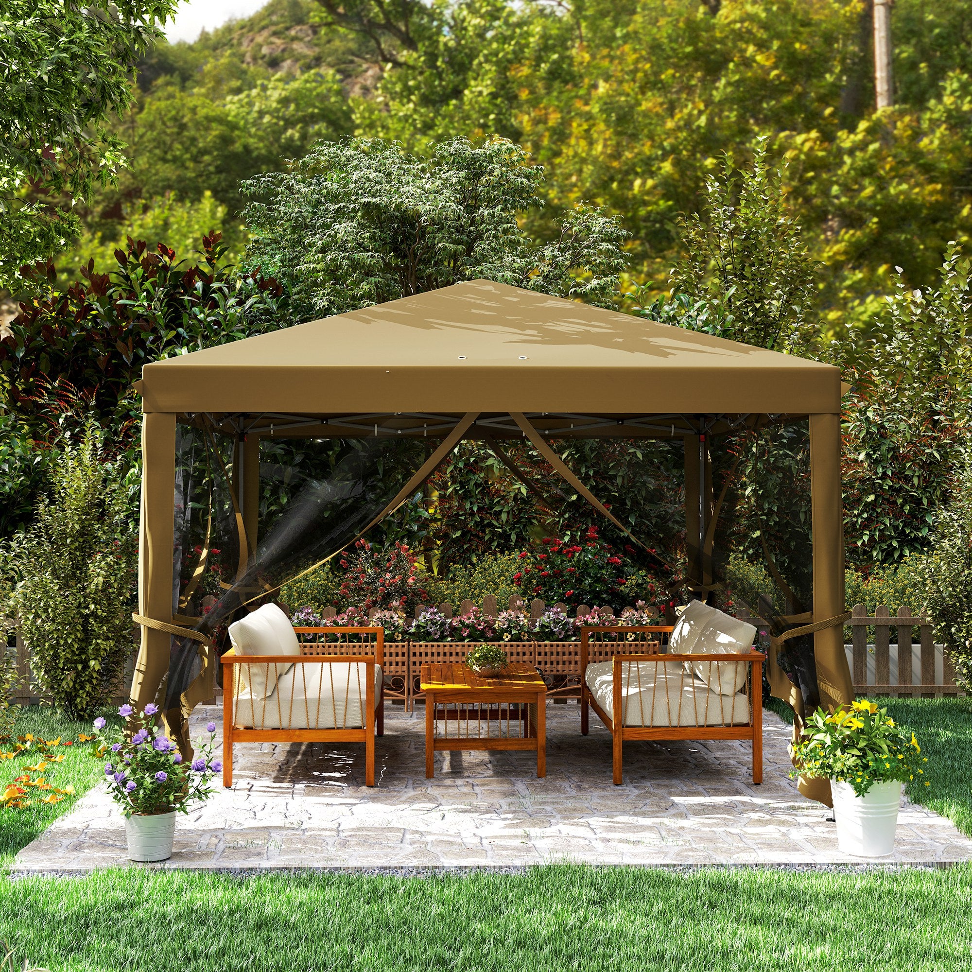 Outsunny 3 x 3 m Pop Up Gazebo, 420D Garden Tent Canopy with Removable Mesh Sidewall Netting, Carry Bag for Garden Patio Outdoor, Khaki - North Peak Garden Furniture