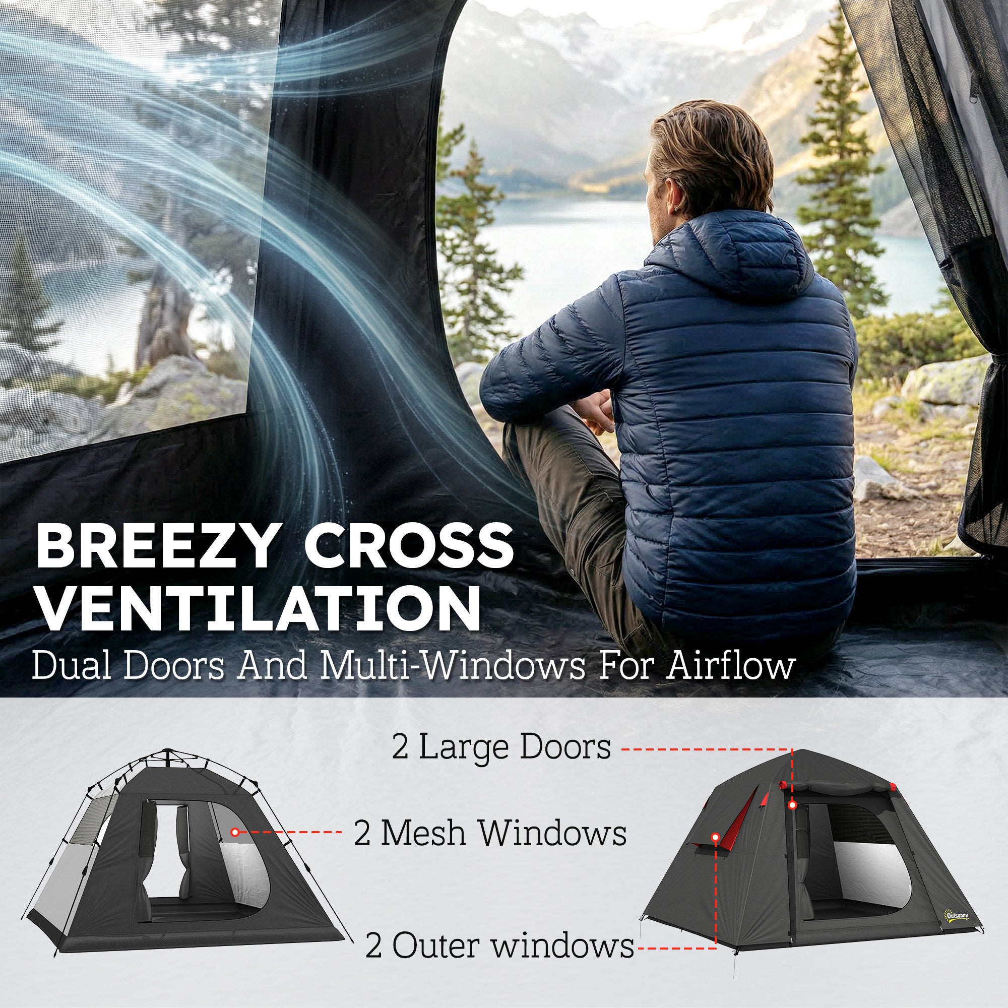 Outsunny Camping Tent 3000mm Waterproof Tent with 2 Doors, Dark Grey and Red