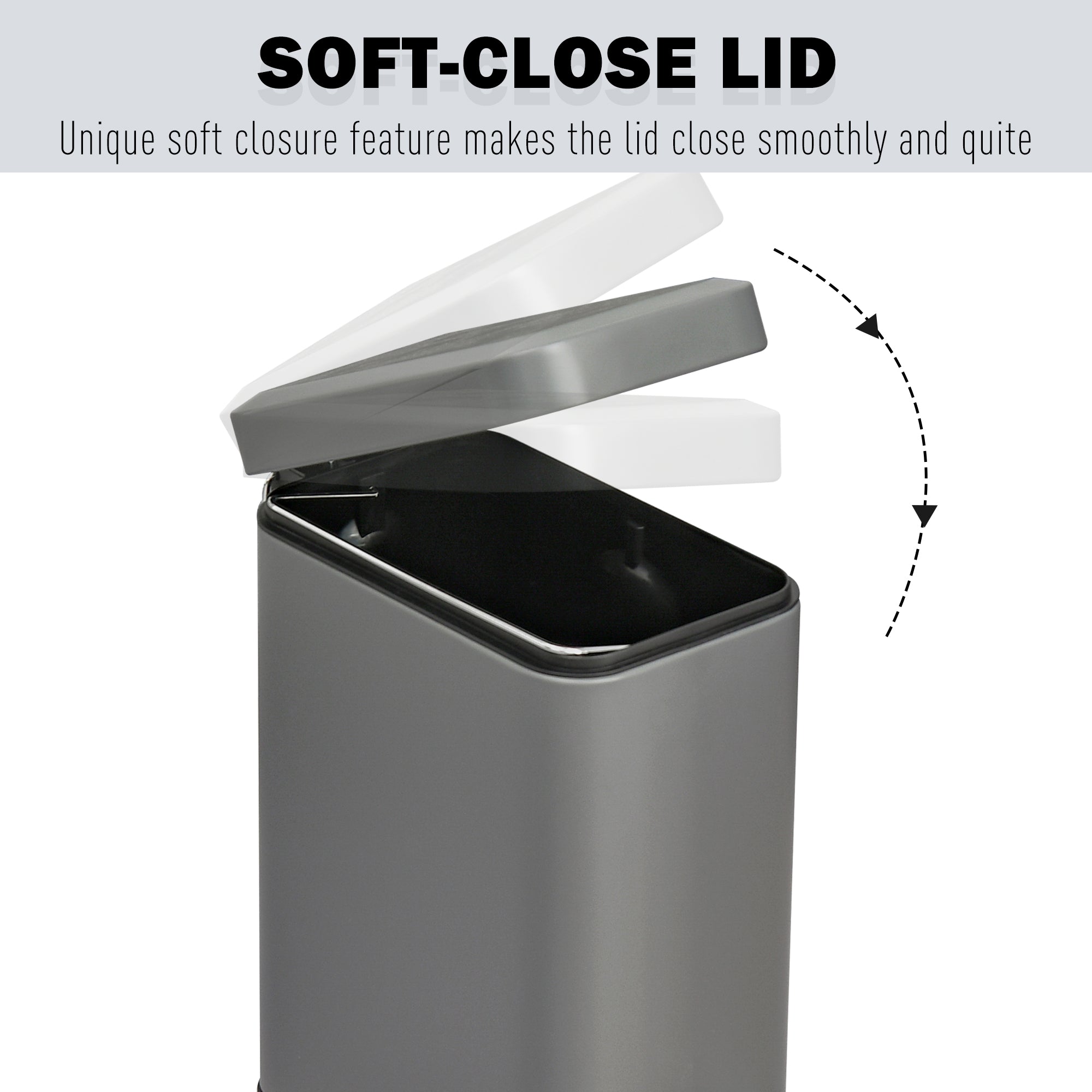HOMCOM 5L Rectangular Compact Bin Steel Body Removable Bucket Quiet-Close Lid w/ Pedal Lid Rubbish Trash Can Home Office Bedroom Bathroom Living Room Garbage Tidy Clean Grey - North Peak Garden Furniture