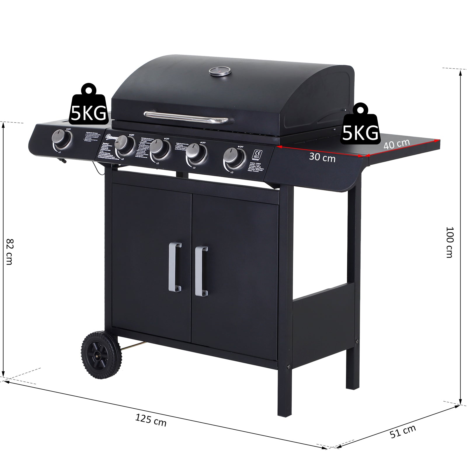 Outsunny 4+1 Gas Burner Grill BBQ Trolley Backyard Garden Smoker Side Burner Barbecue w/ Storage Side Table Wheels - North Peak Garden Furniture