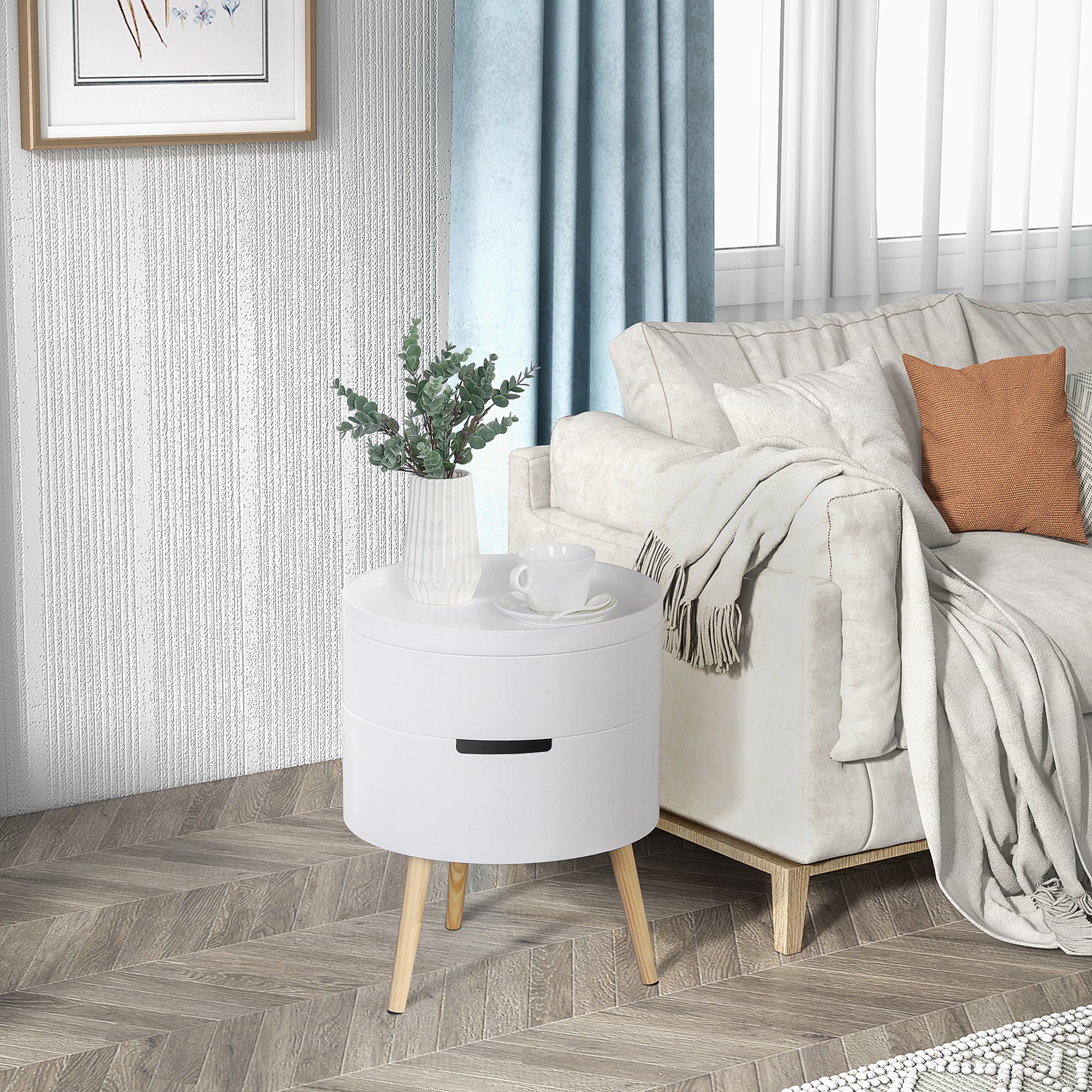 HOMCOM 3-Tier Coffee Table, Round End Table with 2 Hidden Compartments and Detachable Tray, Side Table with Storage for Living Room, White - North Peak Garden Furniture