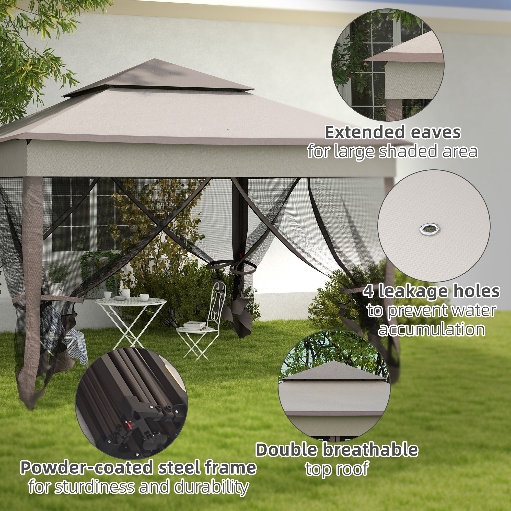 Outsunny 3.25 x 3.25m Deluxe Metal Gazebo, with Curtains - Brown and Grey - North Peak Garden Furniture