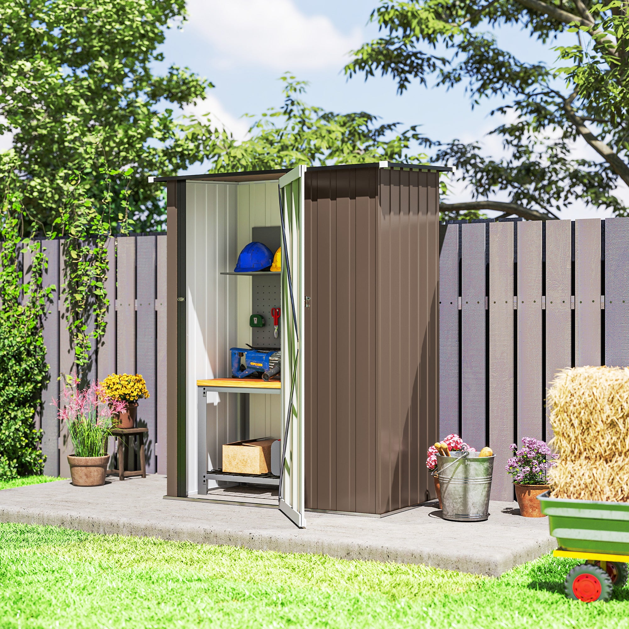 Outsunny 5ft x 3ft Garden Metal Storage Shed, Outdoor Tool Shed with Sloped Roof, Lockable Door for Tools, Equipment, Brown