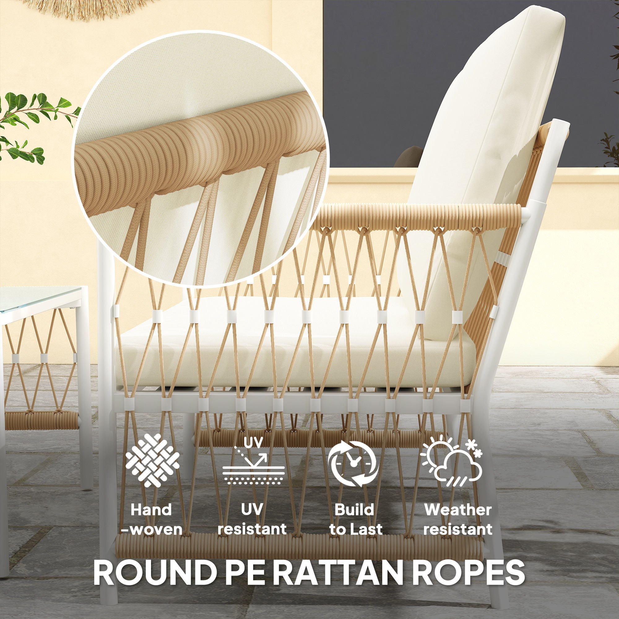 Outsunny 4 Piece Rattan Garden Furniture Set, 4 Seater Wicker Patio Conversation Set with 2 Armchairs, Loveseat, Glass Top Coffee Table and Cushions for Outdoor, Balcony, Khaki - North Peak Garden Furniture