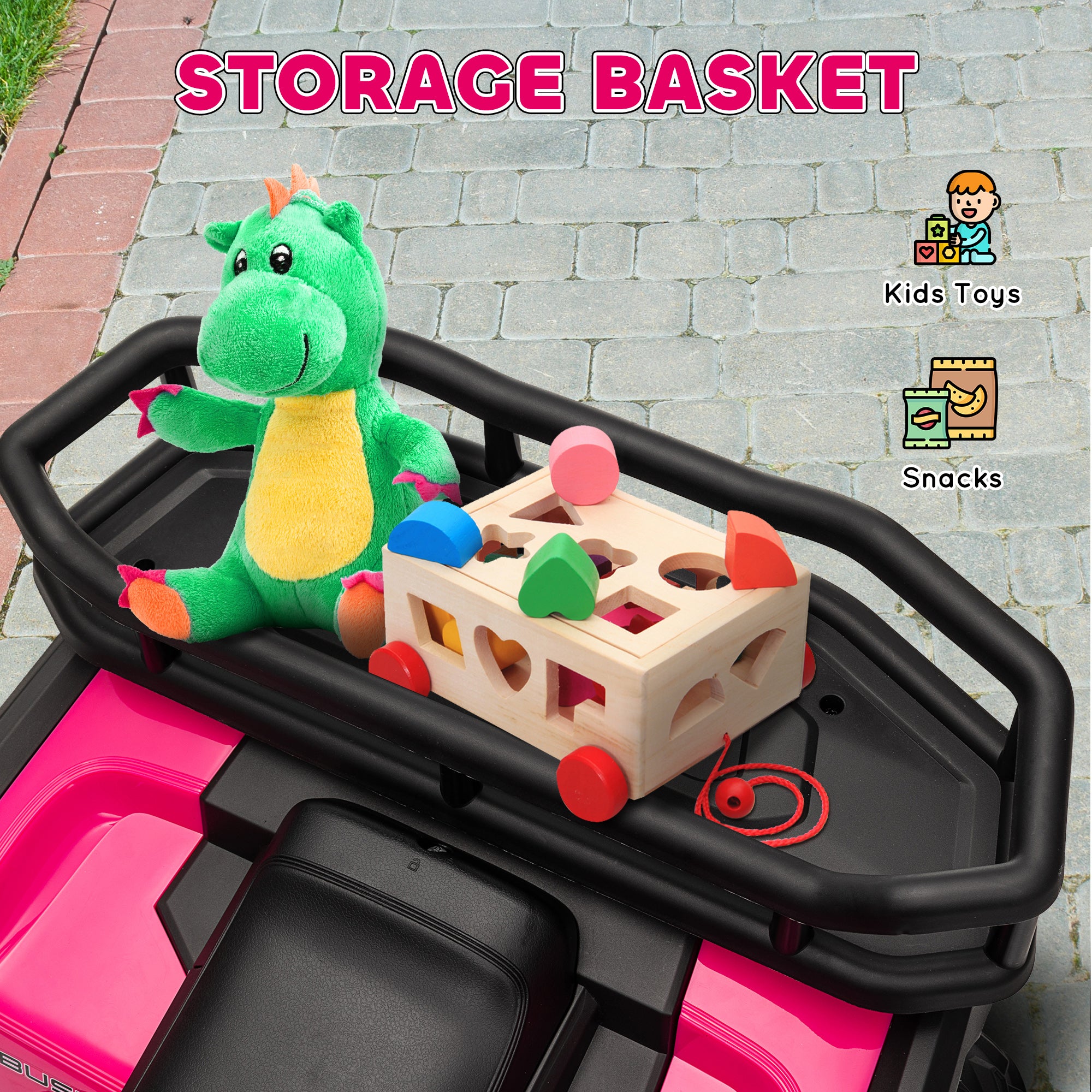 AIYAPLAY 12V Kids Electric Ride on ATV, Battery Powered Quad Bike w/ Spring Suspension, Forward Backward, Storage Basket - Pink - North Peak Garden Furniture