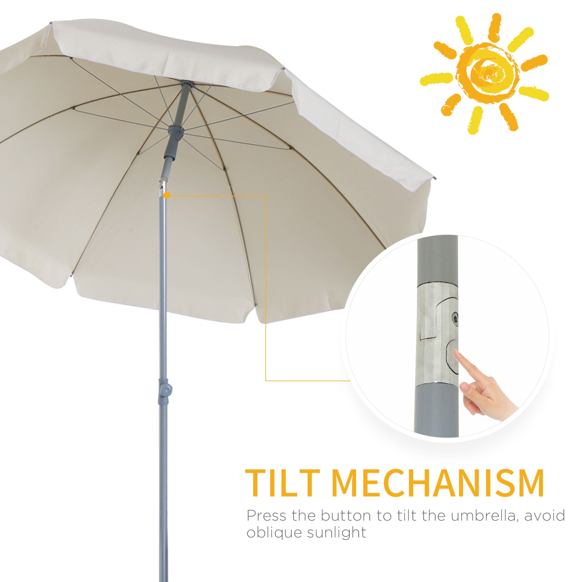 Outsunny 2.2m Beach Umbrella, Portable Parasol with Tilting Function, Outdoor Sunshade Shelter with 8 Ribs, Cream White - North Peak Garden Furniture