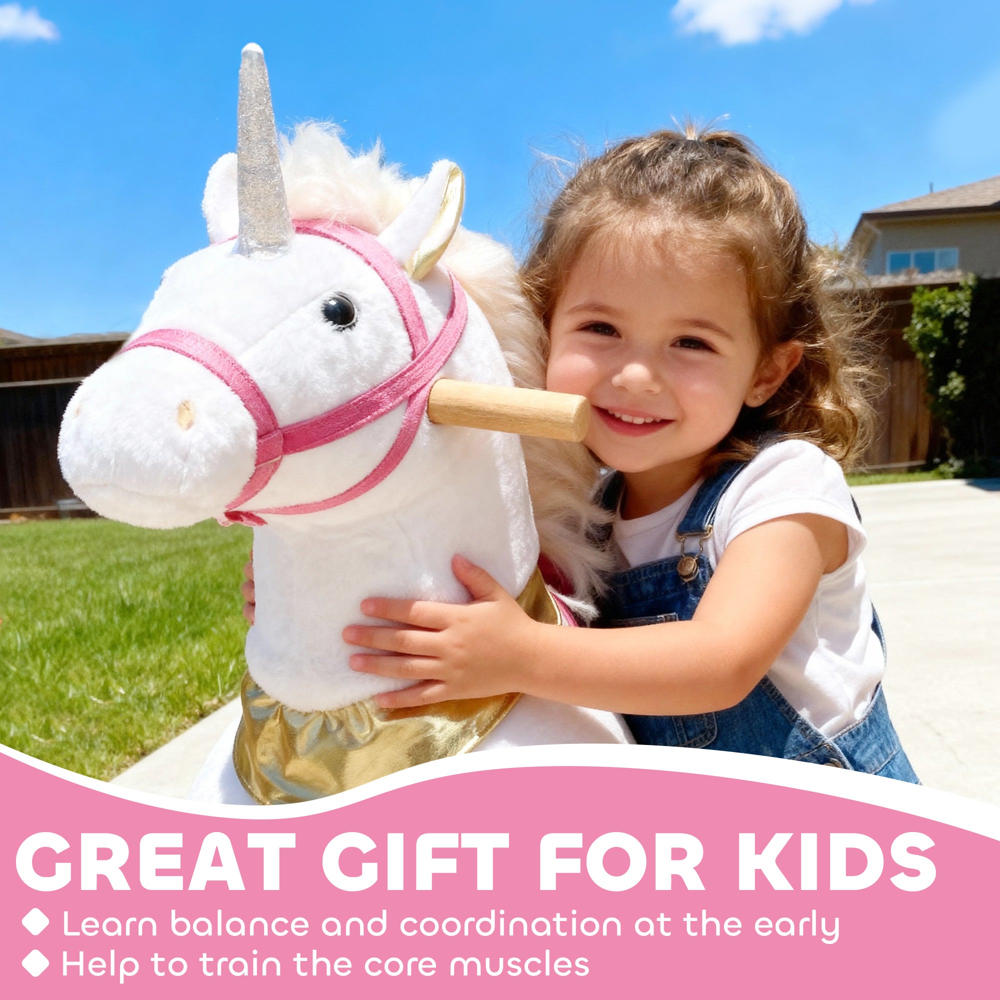 AIYAPLAY Kids Rocking Horse, Plush Walking Horse with Wheels, Ride On Unicorn Toy for Ages 3-5 Years Old, White