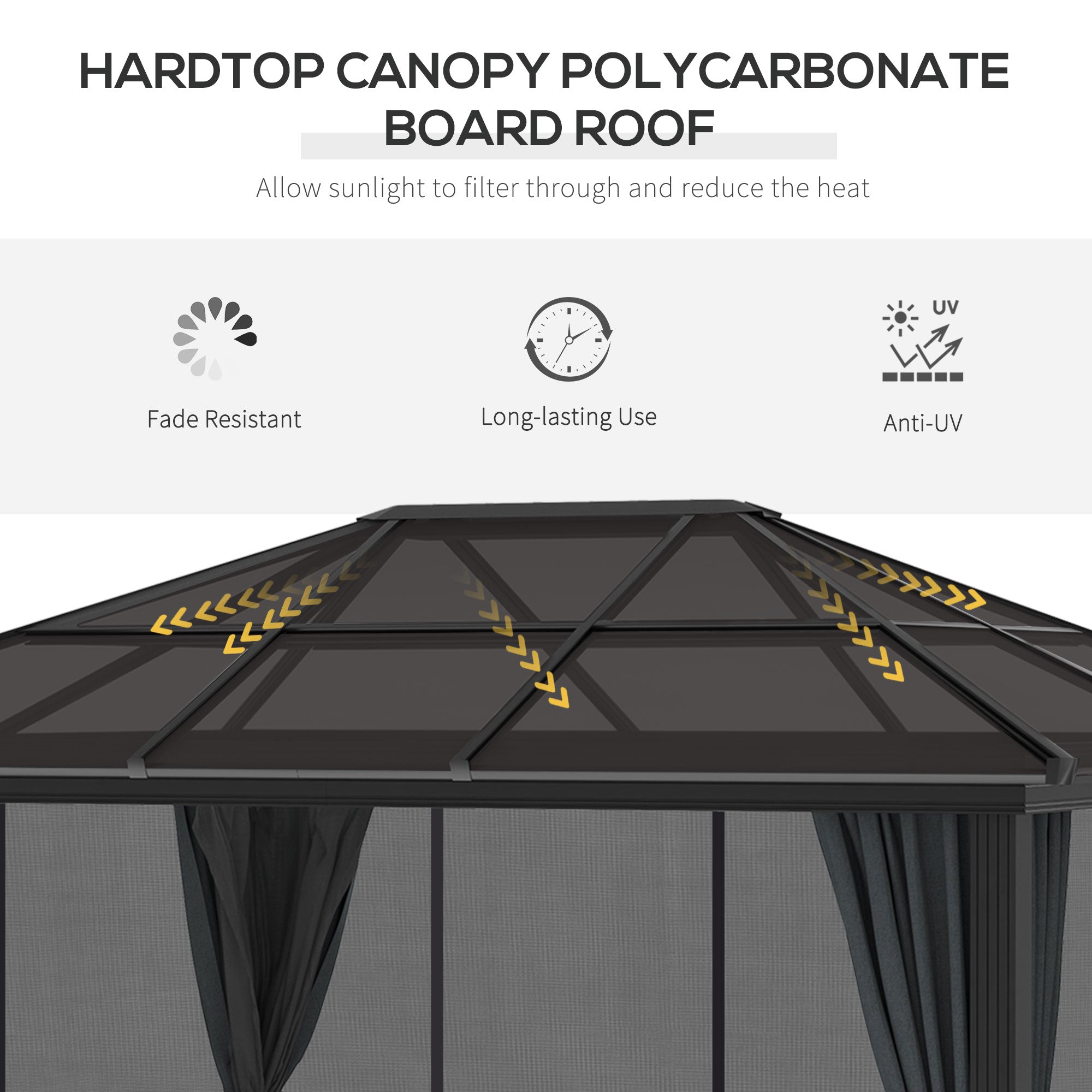 Outsunny 3 x 3.6m Hardtop Gazebo Canopy with Polycarbonate Roof, Aluminium Frame, Permanent Pavilion Garden Gazebo with Netting and Curtains for Patio, Deck, Dark Grey - North Peak Garden Furniture
