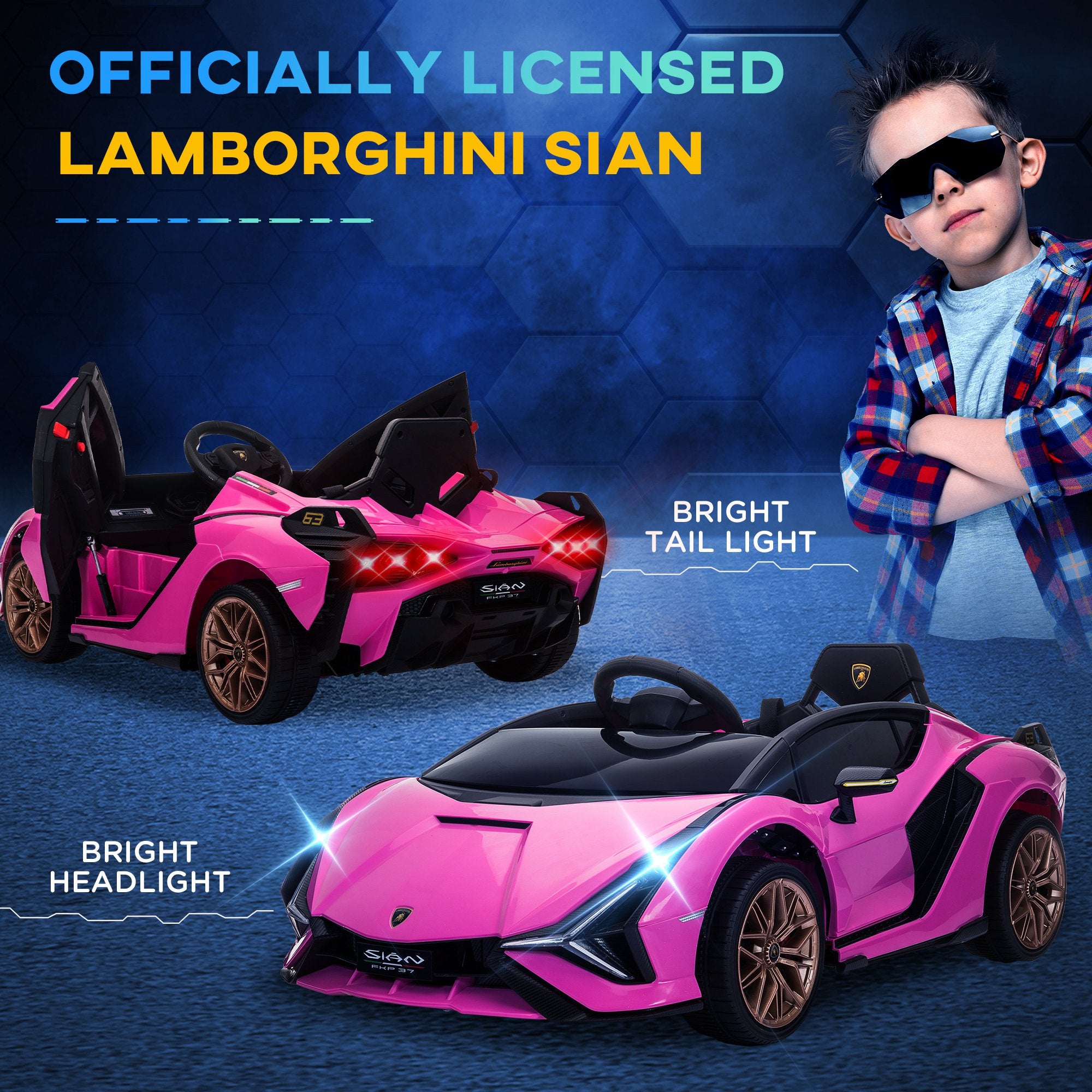 HOMCOM Lamborghini Sian Licensed 12V Kids Electric Ride On Car 2 Motors Toy Car with Remote Control Music Lights MP3 for 3-5 Years Pink - North Peak Garden Furniture