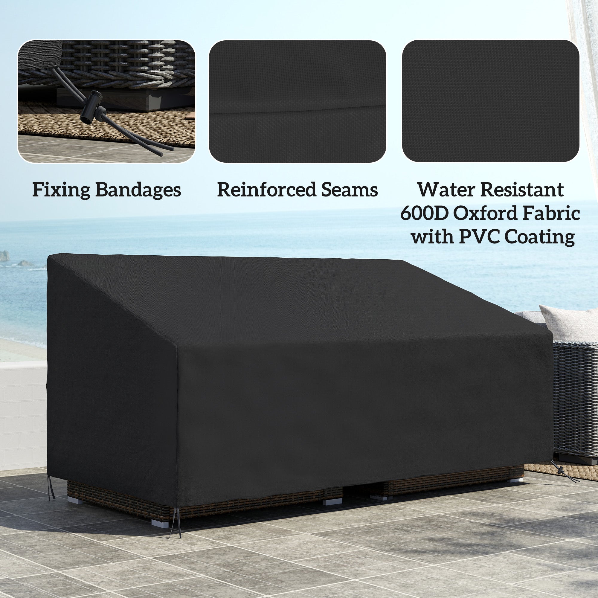 Outsunny 600D Oxford Cloth Garden Furniture Cover Waterproof, 3 Seater Sofa Protector for Patio, Outdoor, Black, 218 x 111 x 63-101 cm - North Peak Garden Furniture