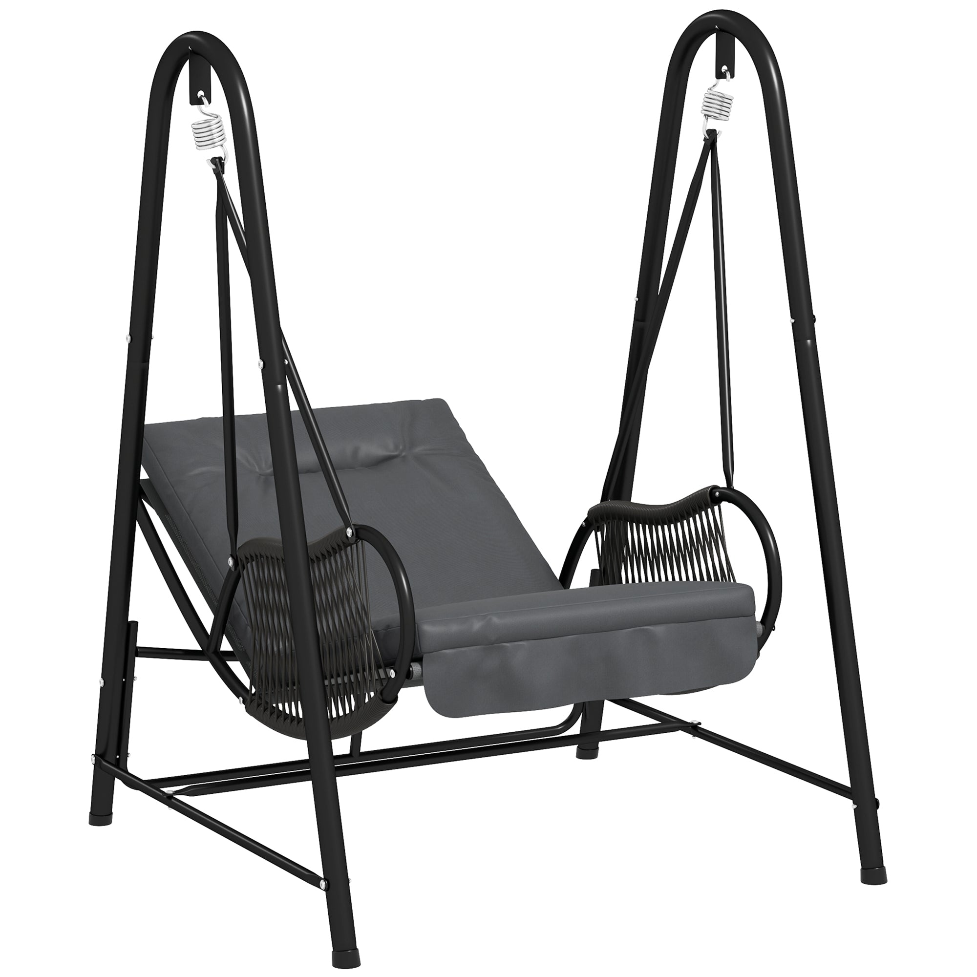 Outsunny Rattan Swing Chair, Outdoor Garden Hanging Swing Seat with Stand and Seat Cushion, Porch Hanging Chair for Balcony, Garden, Deck, Dark Grey - North Peak Garden Furniture