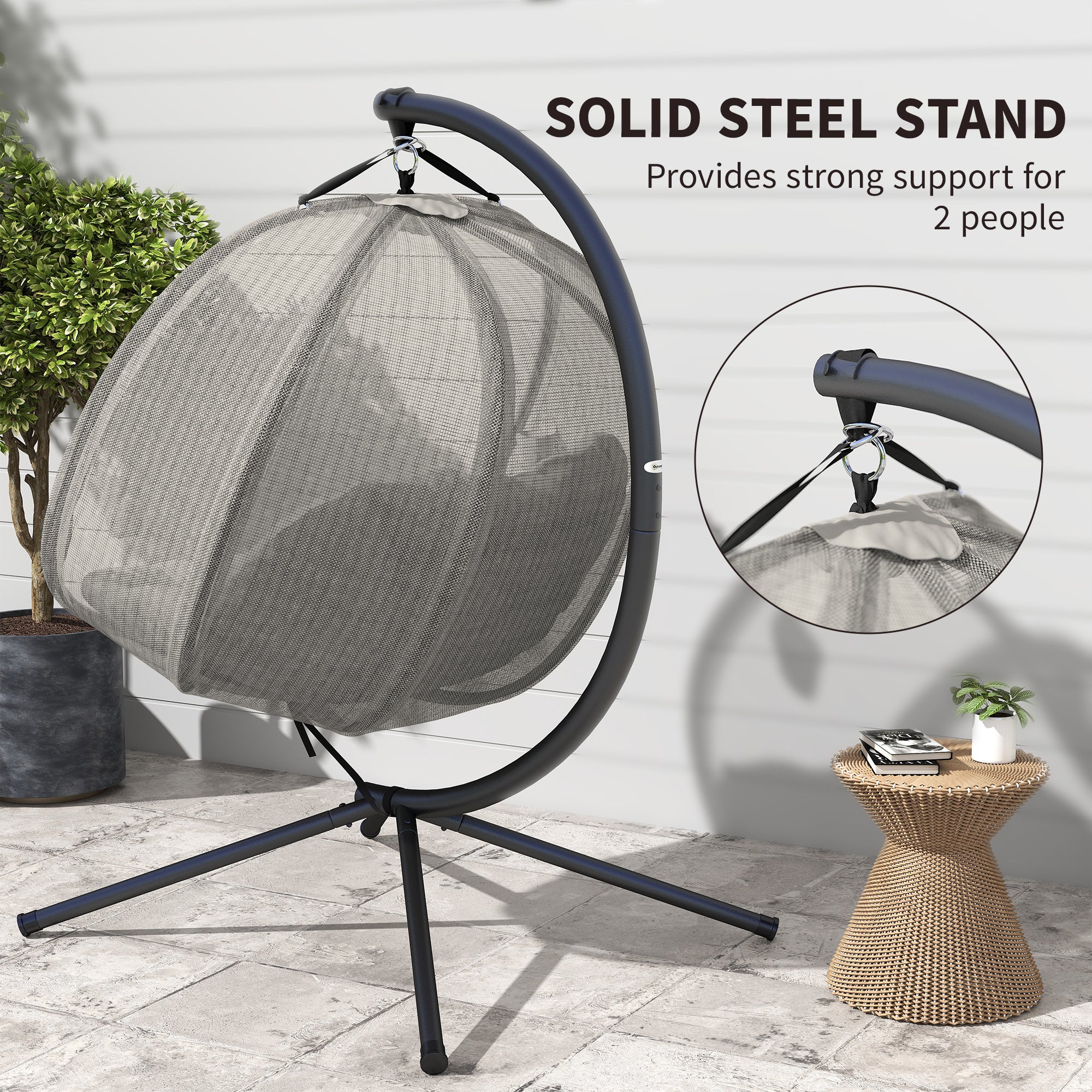 Outsunny Double Hanging Egg Chair 2 Seaters Texteline Swing Hammock Chair with Stand, Cushion and Folding Design, for Indoor and Outdoor, Brown