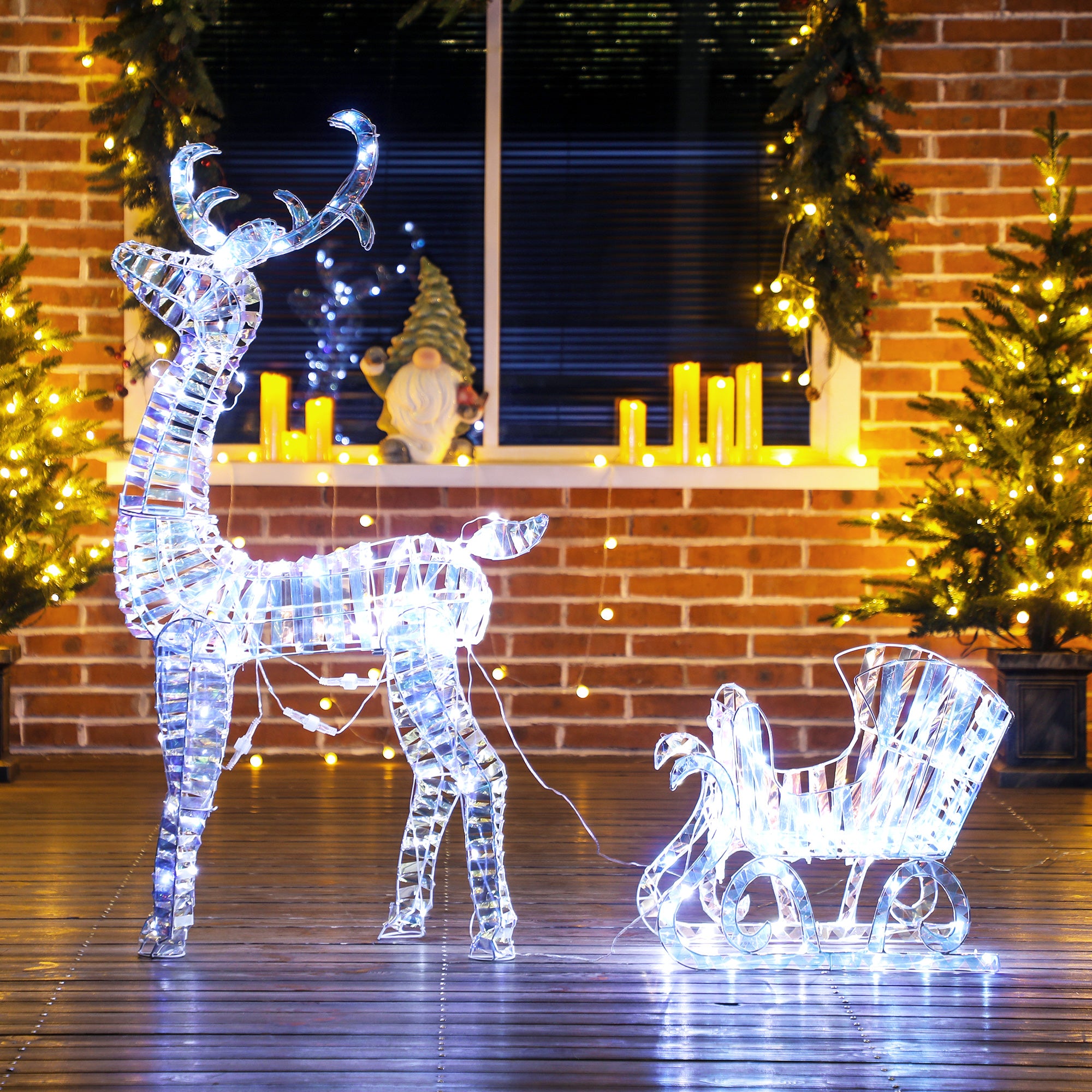 Outsunny Lighted Christmas Reindeer with Sleigh, Outdoor Yard Reindeer with 170 Warm White LED Lights, Holiday Decor with Stakes, Waterproof, Silver