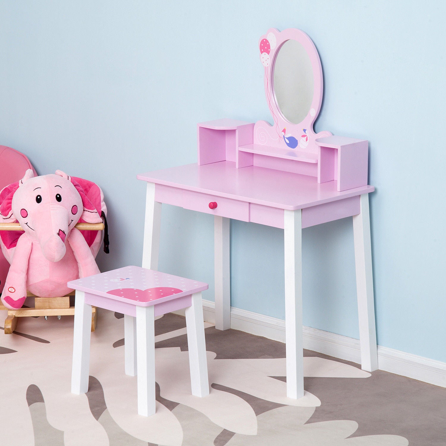 HOMCOM Kids Wooden Dressing Table and Stool Make Up Desk (Pink)