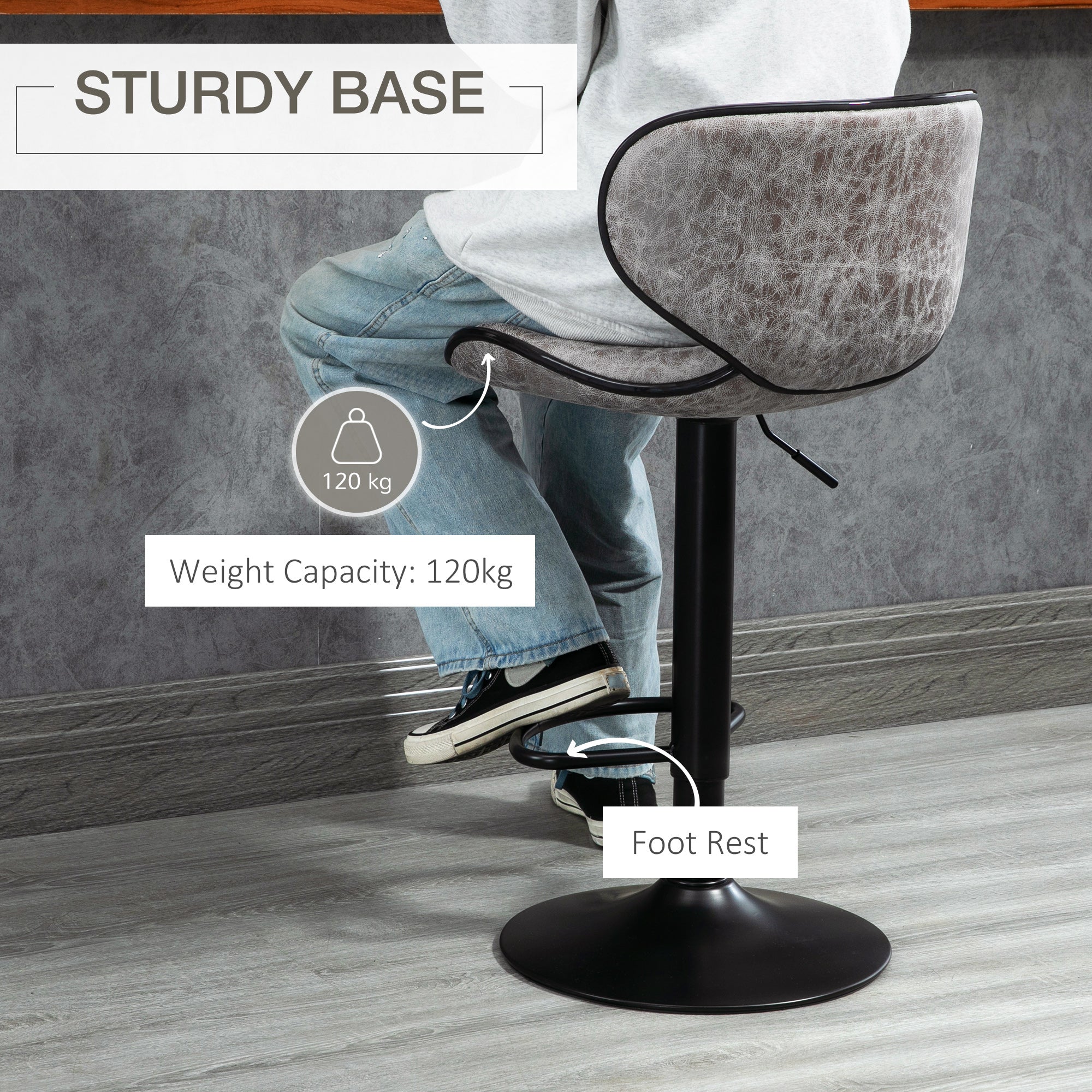 HOMCOM Bar Stool Set of 2 Microfiber Cloth Adjustable Height Armless Chairs with Swivel Seat, Grey - North Peak Garden Furniture