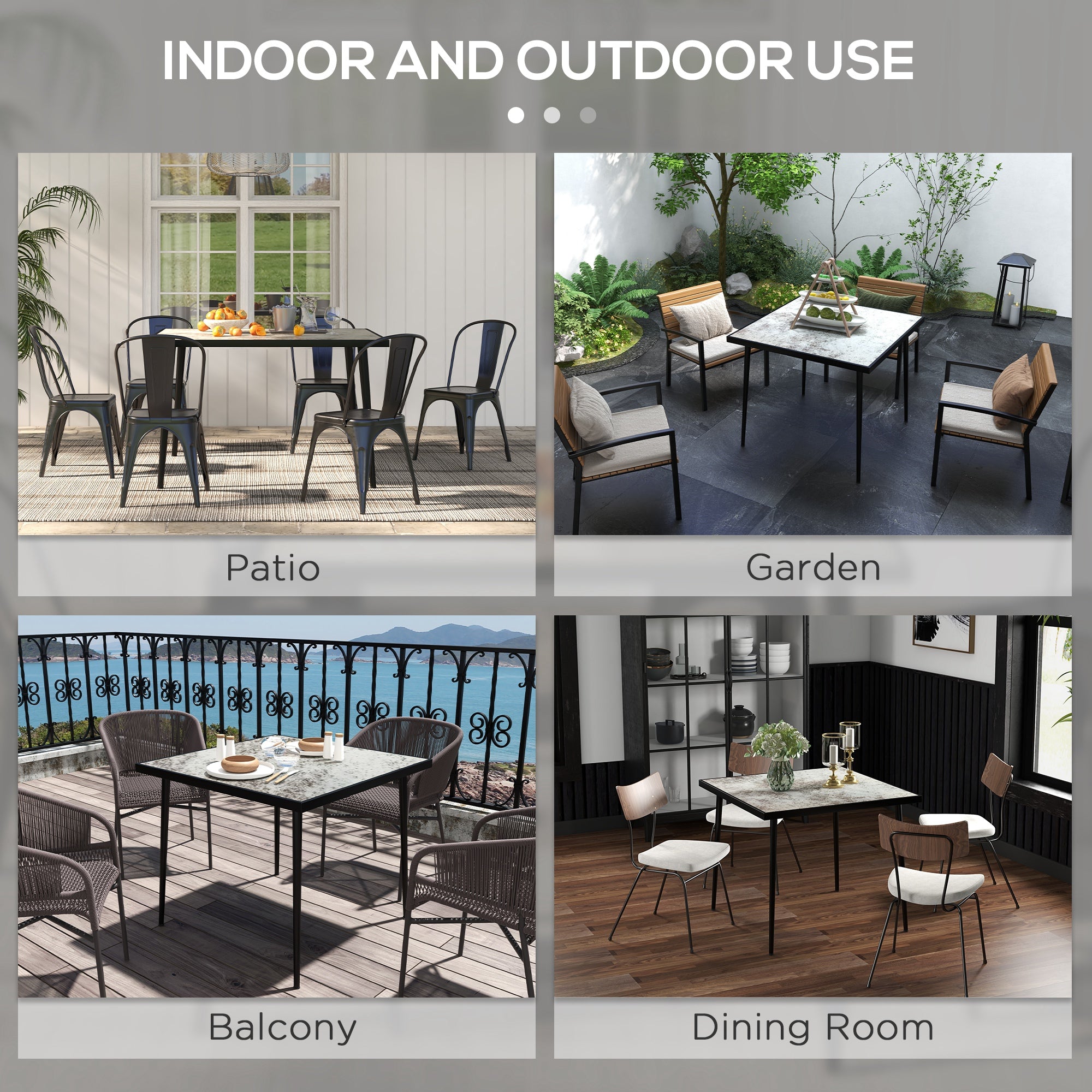 Outsunny Square Garden Table, Outdoor Dining Table for 4 with Marble Effect Tempered Glass Top and Steel Frame for Patio, Grey - North Peak Garden Furniture