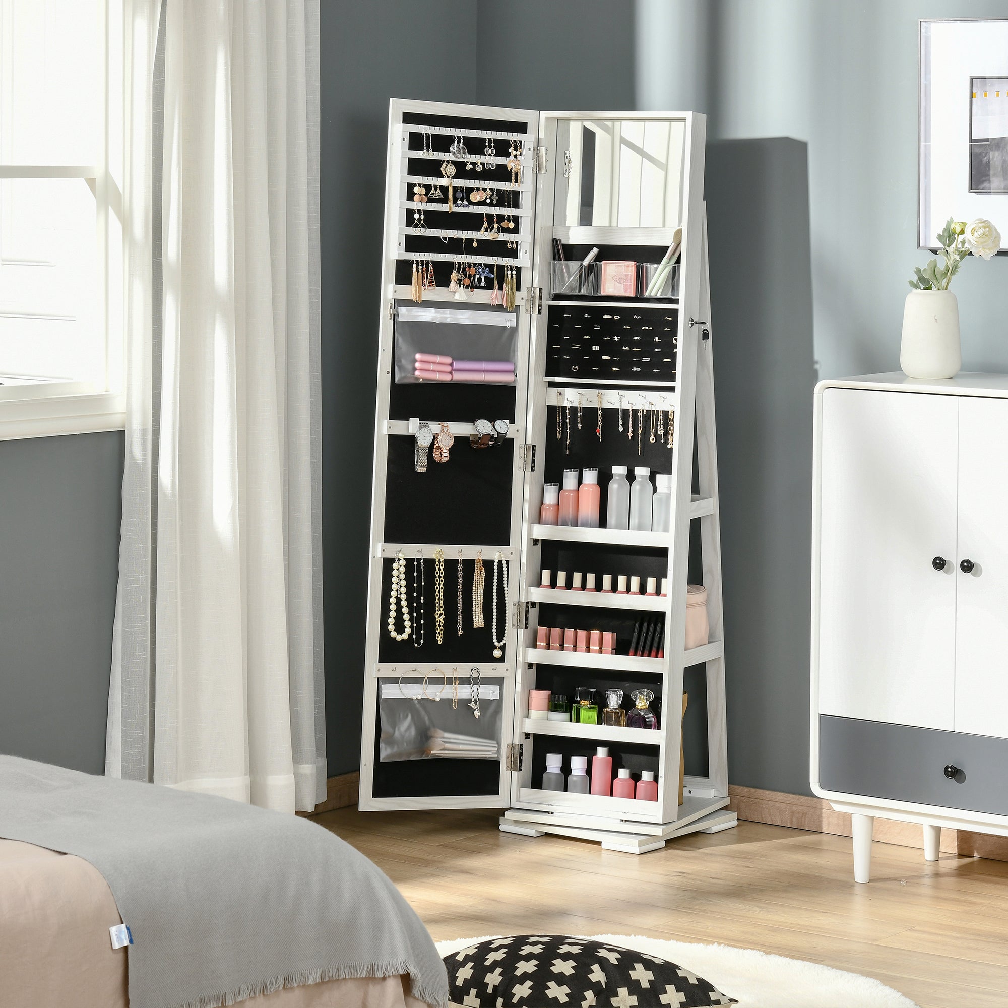 HOMCOM 360° Swivel Jewellery Cabinet, Mirror Armoire, Full Length Mirror, Lockable Jewellery Organizer with Built-In Small Mirror, White - North Peak Garden Furniture