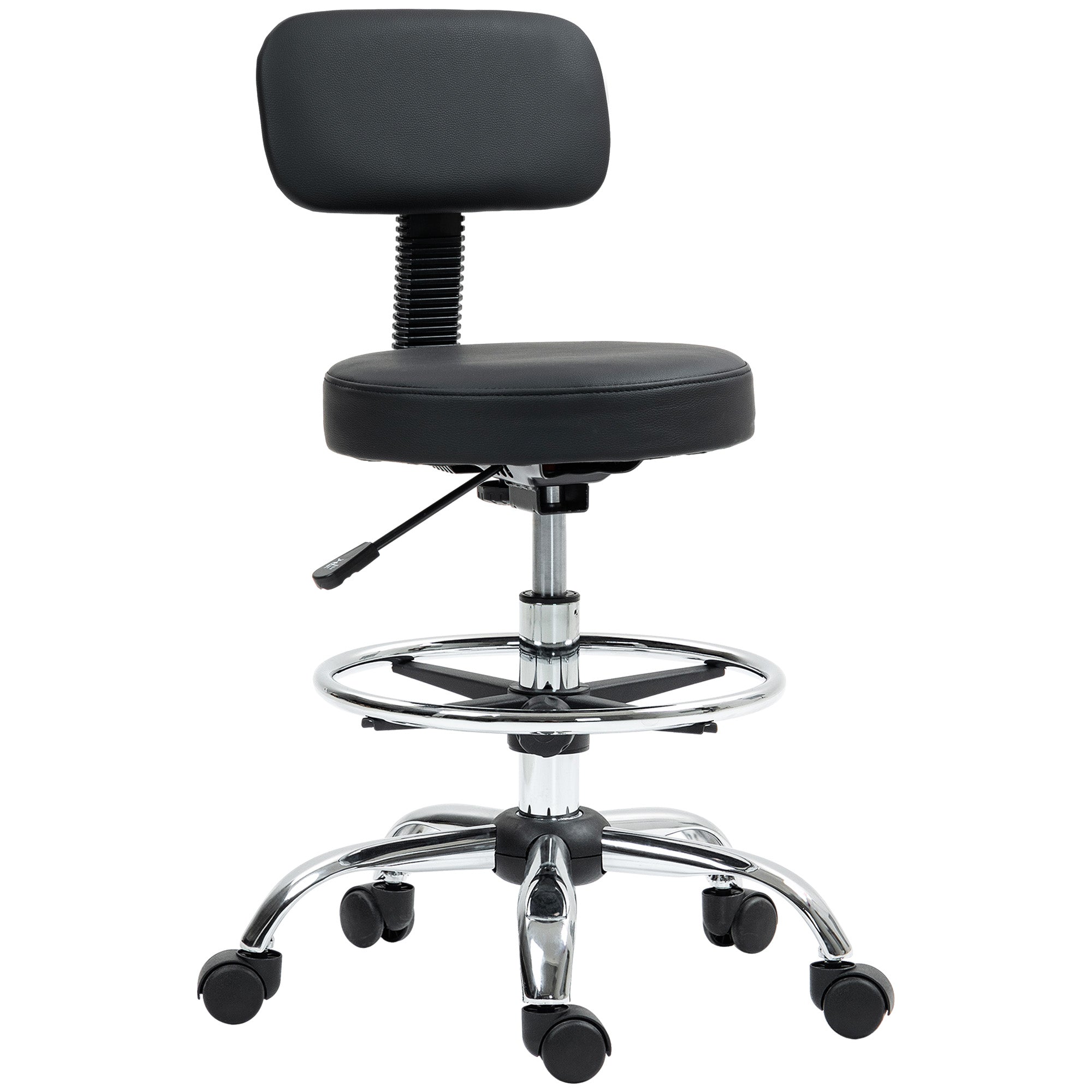 HOMCOM Draughtsman Chair, Faux Leather Height Adjustable Stool with Footrest, 360° Swivel Chair for Study and Bedroom, Black - North Peak Garden Furniture